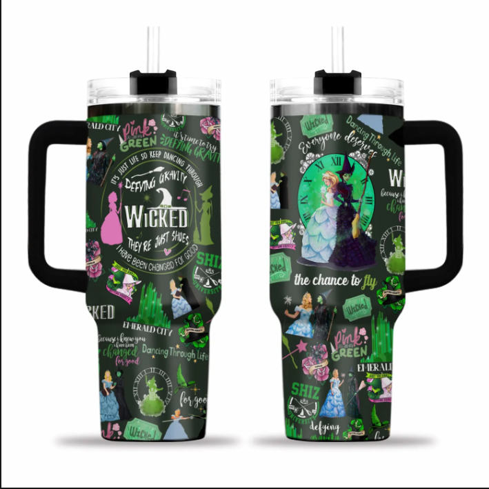 Wicked Change For Good Glitter Tumbler 40 oz, Witch Pink Green Tumbler Cup, Wizard of Oz Movie, Wicked Tumbler With Straw, Broadway Gif