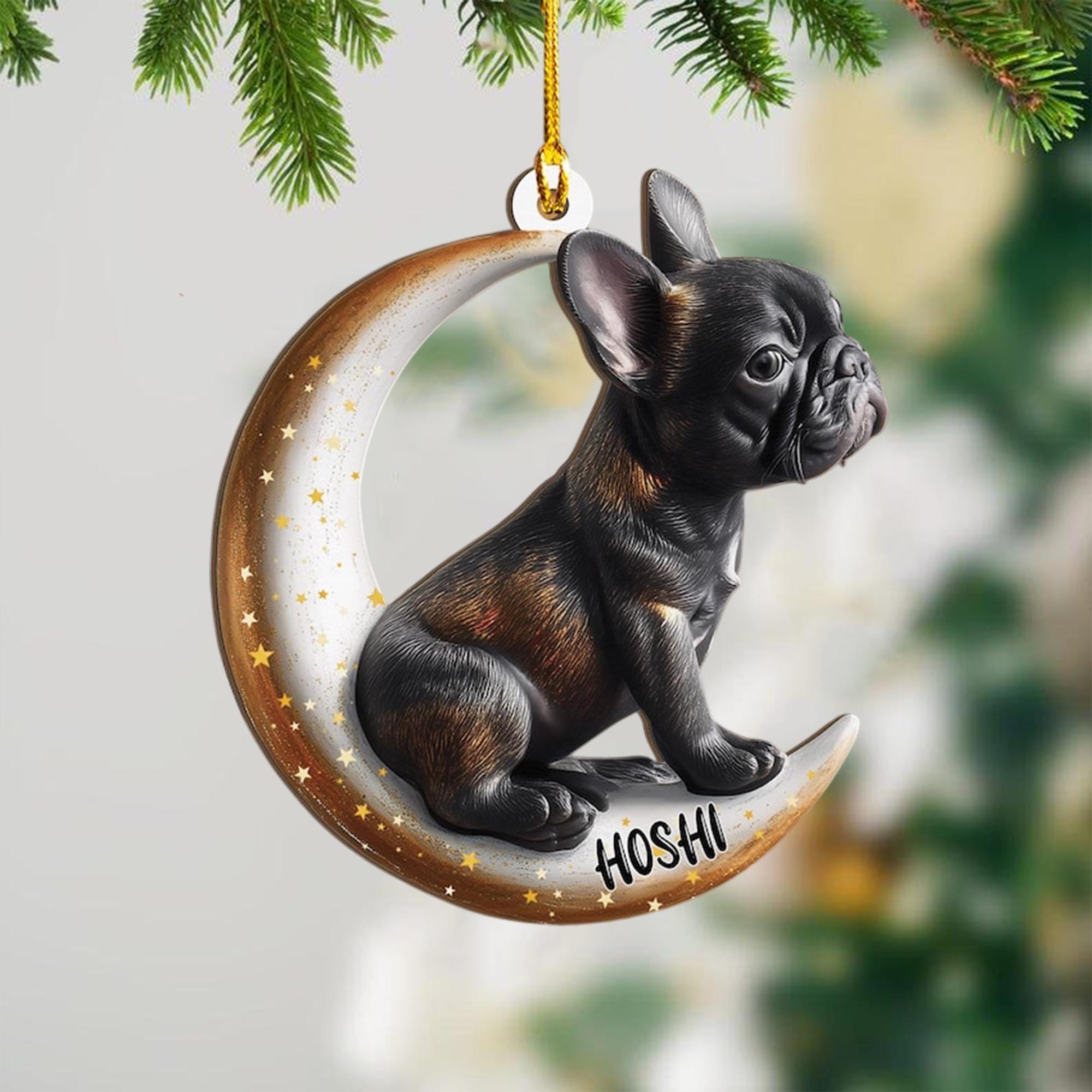 Personalized Black French Bulldog On Moon Christmas Wood Ornament, Flat 2D Holiday Tree Decor Gift for Dog Lovers, Families Pet Keepsakef