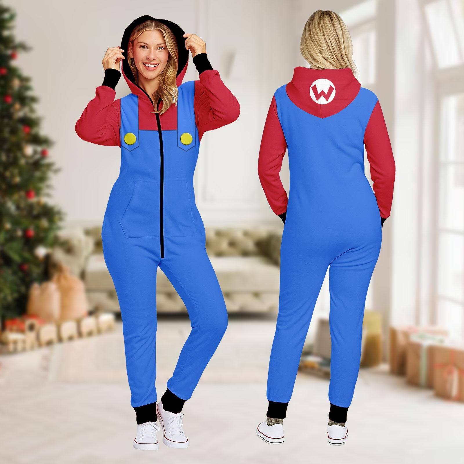 Funny Mario Gamer Hooded Onesie, Super Mario Game Lounge Jumpsuit, Mario Bowser Costume Hoodie Jumpsuit, Cosplay Outfit for Men Women