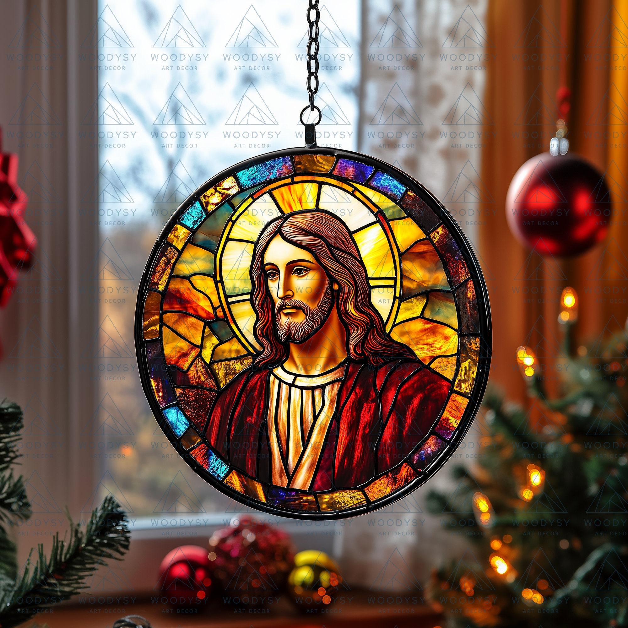 Jesus Christ Father Stained Glass Suncatcher Christmas Hanging Decor Ornament Gift for Father