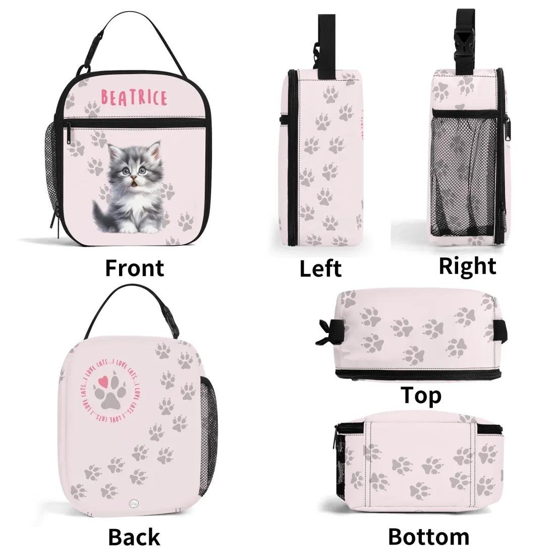 Custom Name Lunch Bag for Kids with Kitten Design, Personalized Food Cooler Lunch Bag, Birthday Gift