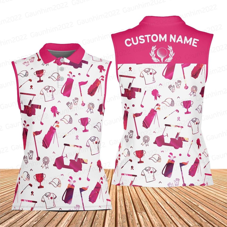 Personalized Pink Golf Polo Shirt, Custom Name Golfer Polo Shirt, Matching Golf Teams Polo Shirt, Women Sleeveless Polo Shirt For Golf Lover