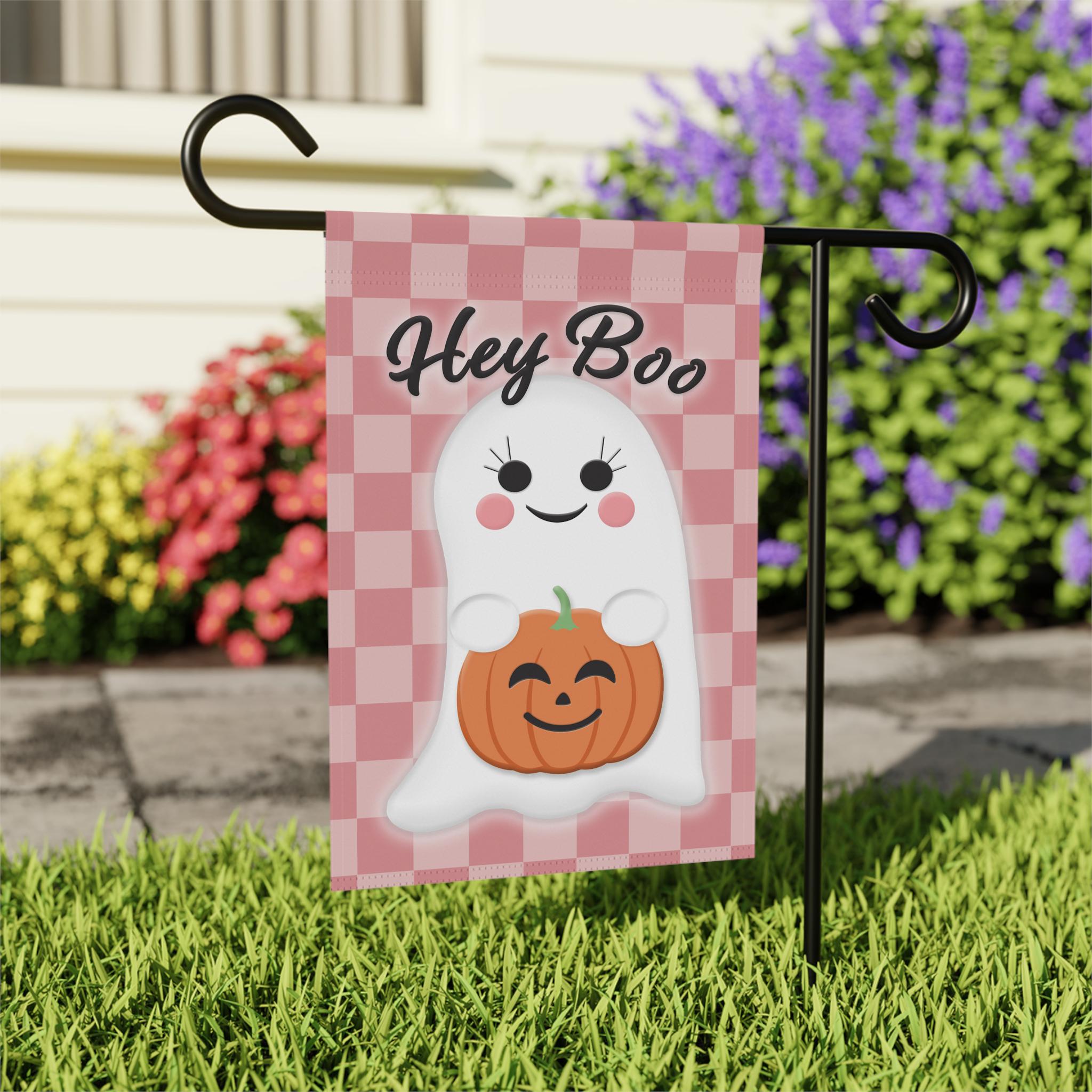 Cute Ghost Holding Pumpkin Hey Boo Halloween Garden Flag Pink