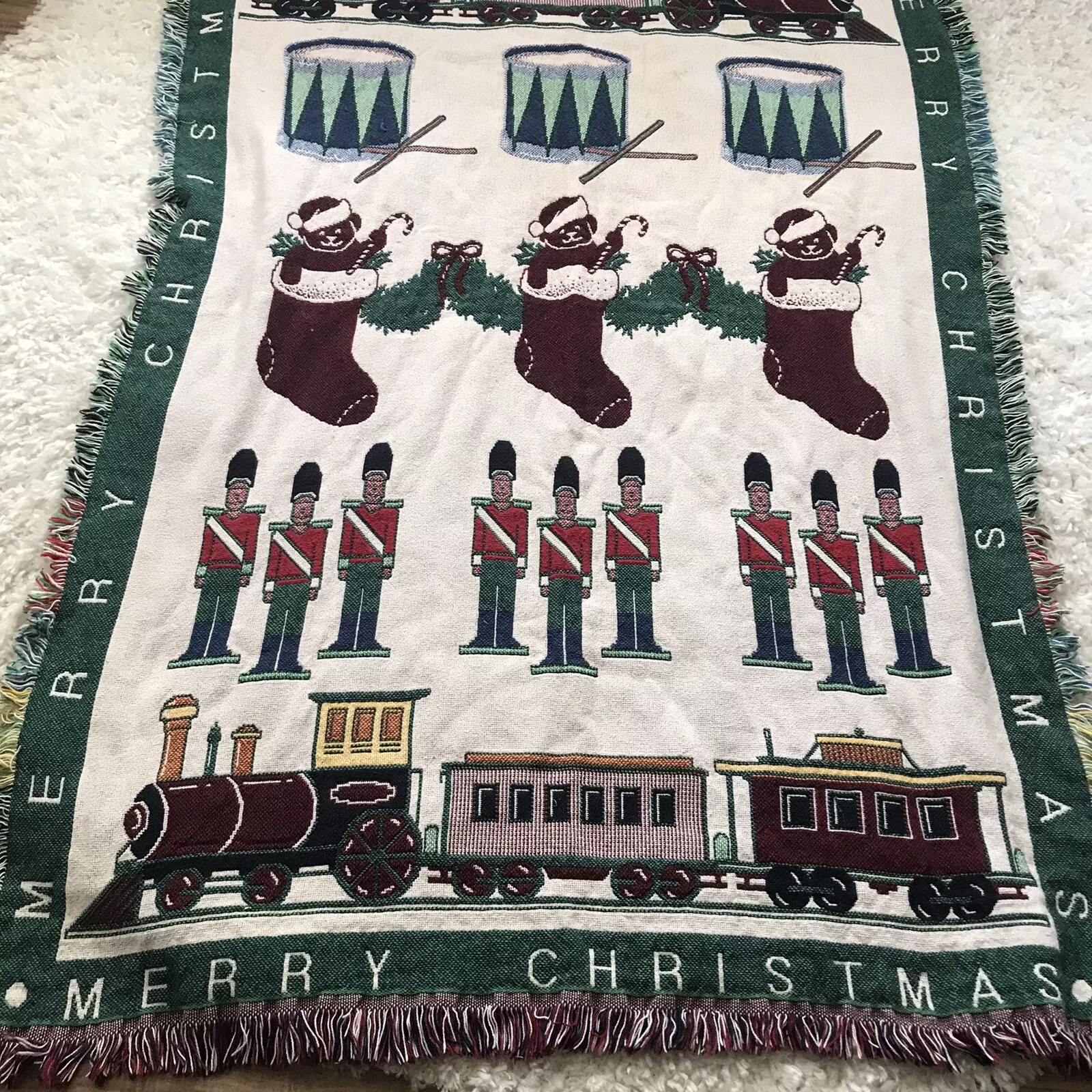 Nutcracker Christmas Throw 45x70 Tapestry Blanket Woven Fringe Holiday Trains