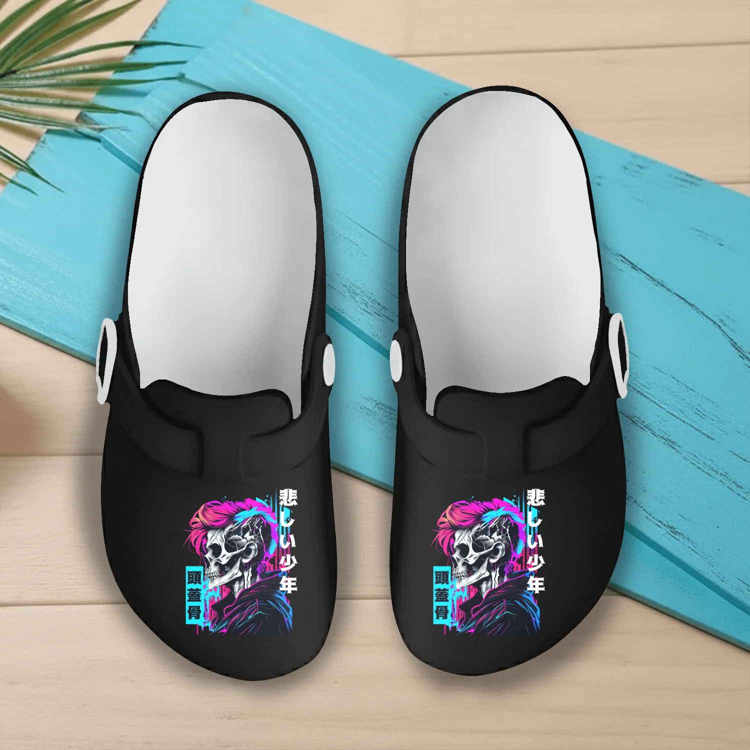Retro Edgy Skull Sad Anime Boy Japanese Vaporwave Slip On Clogs