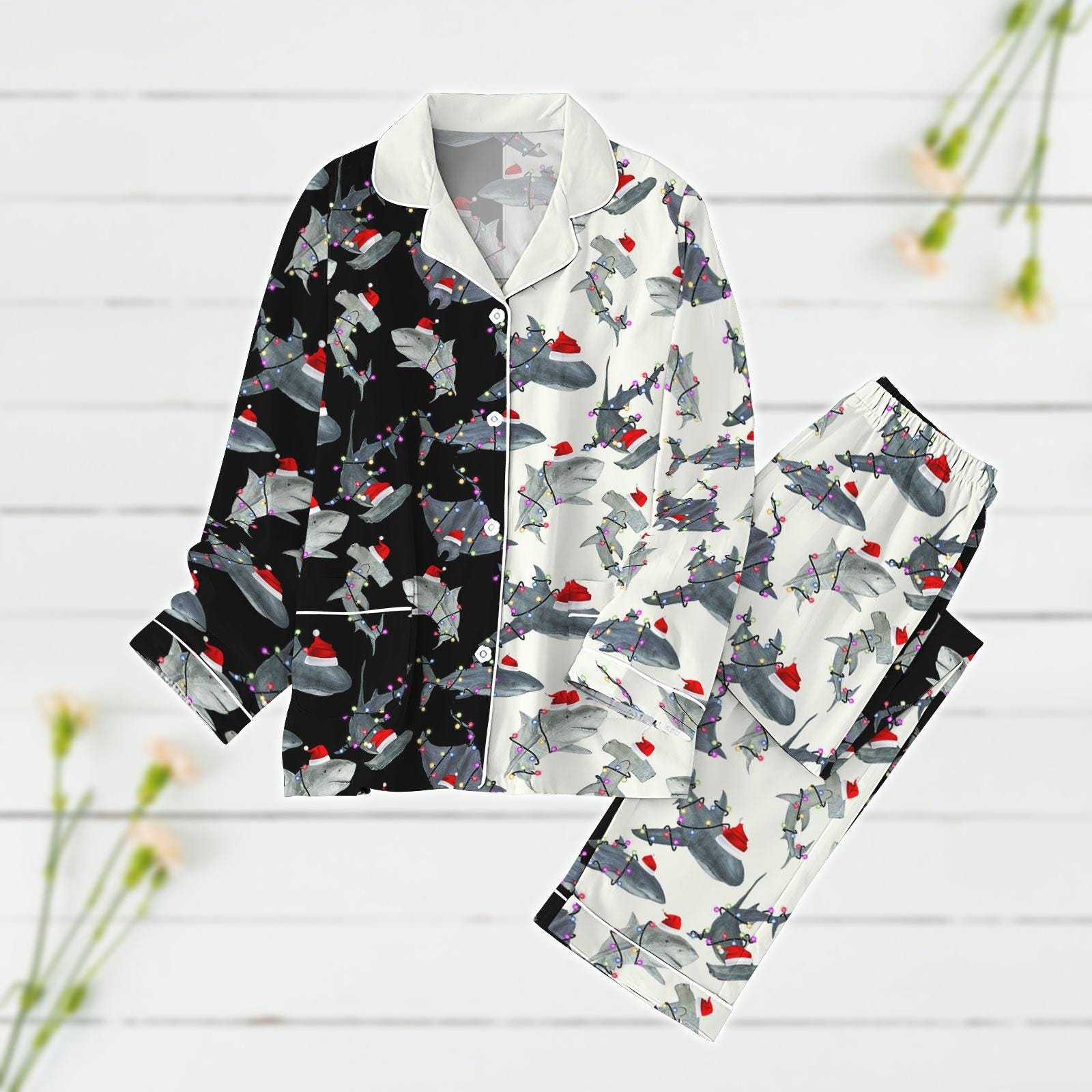 Shark Christmas Pajamas, Santa Hat Shark Holiday Pajamas