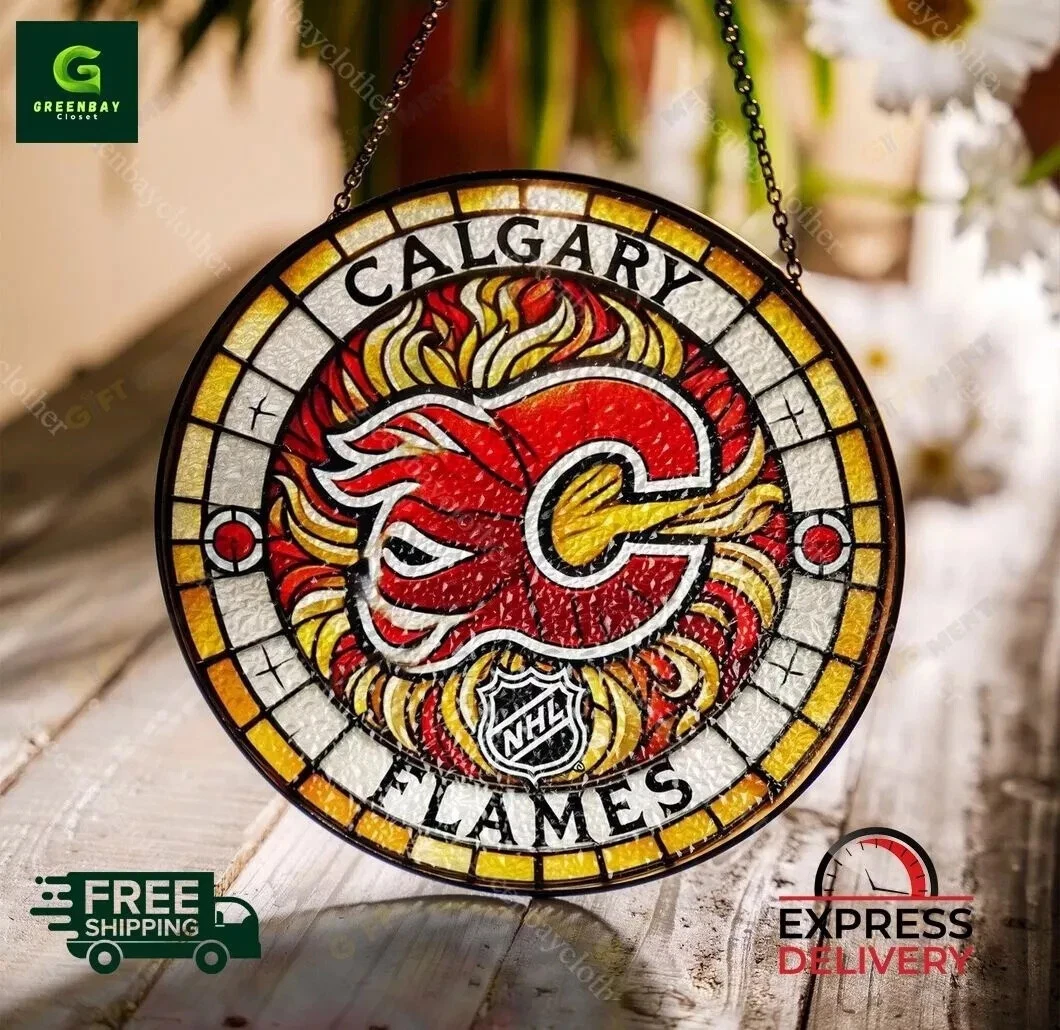 Calgary Hockey Team Flamess Suncatcher Stained Glass Window Hanging Decor