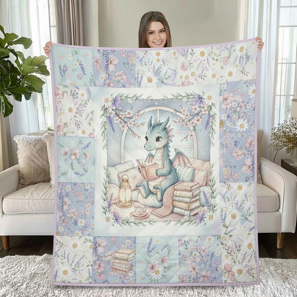 Cute Baby Dragon Quilt, Pastel Floral Blanket, Cozy Reading Dragon, Fantasy Nursery Decor, Soft Kids Bedroom Gift