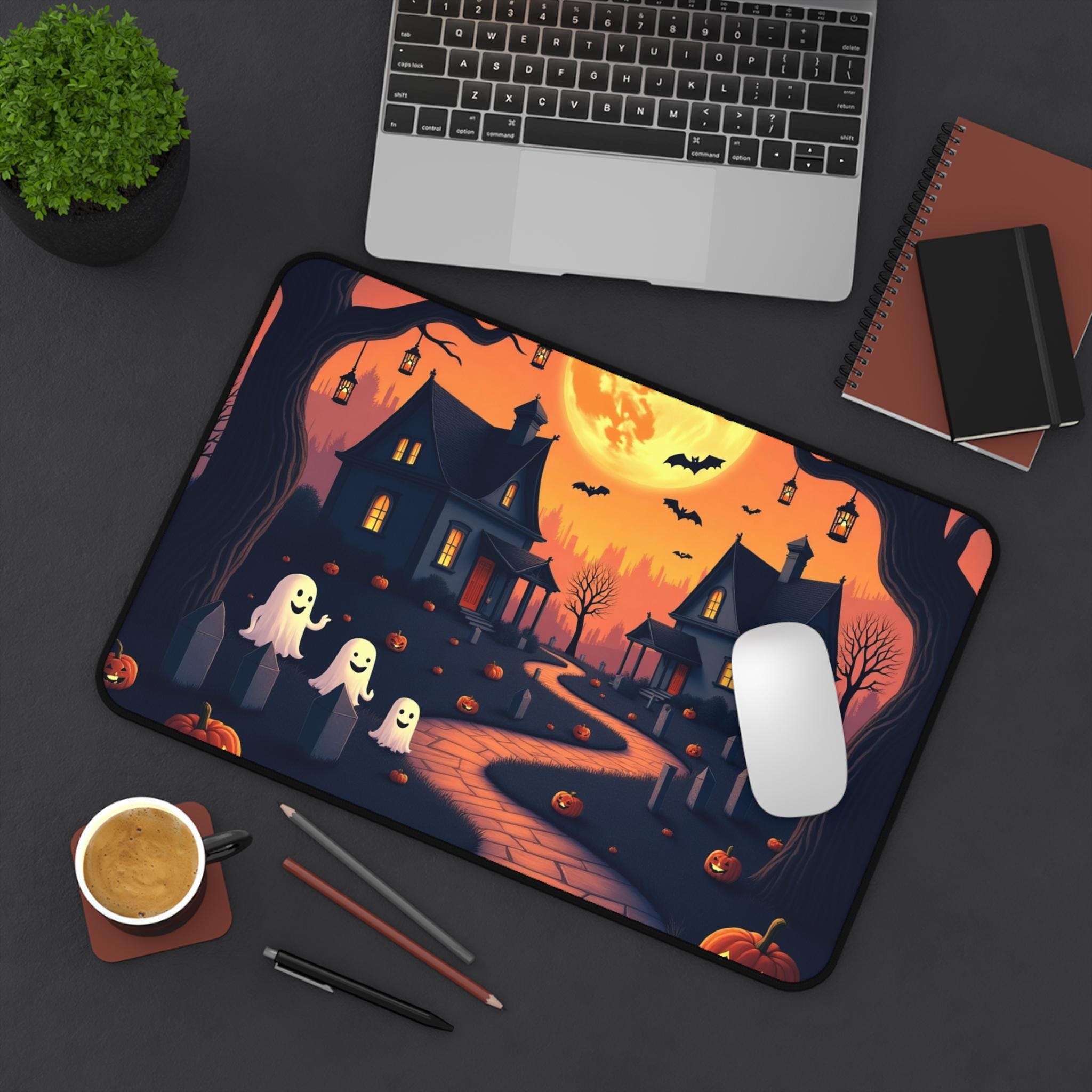 Halloween Desk Mat: Spooky Ghosts, Pumpkins, Neoprene Mousepad