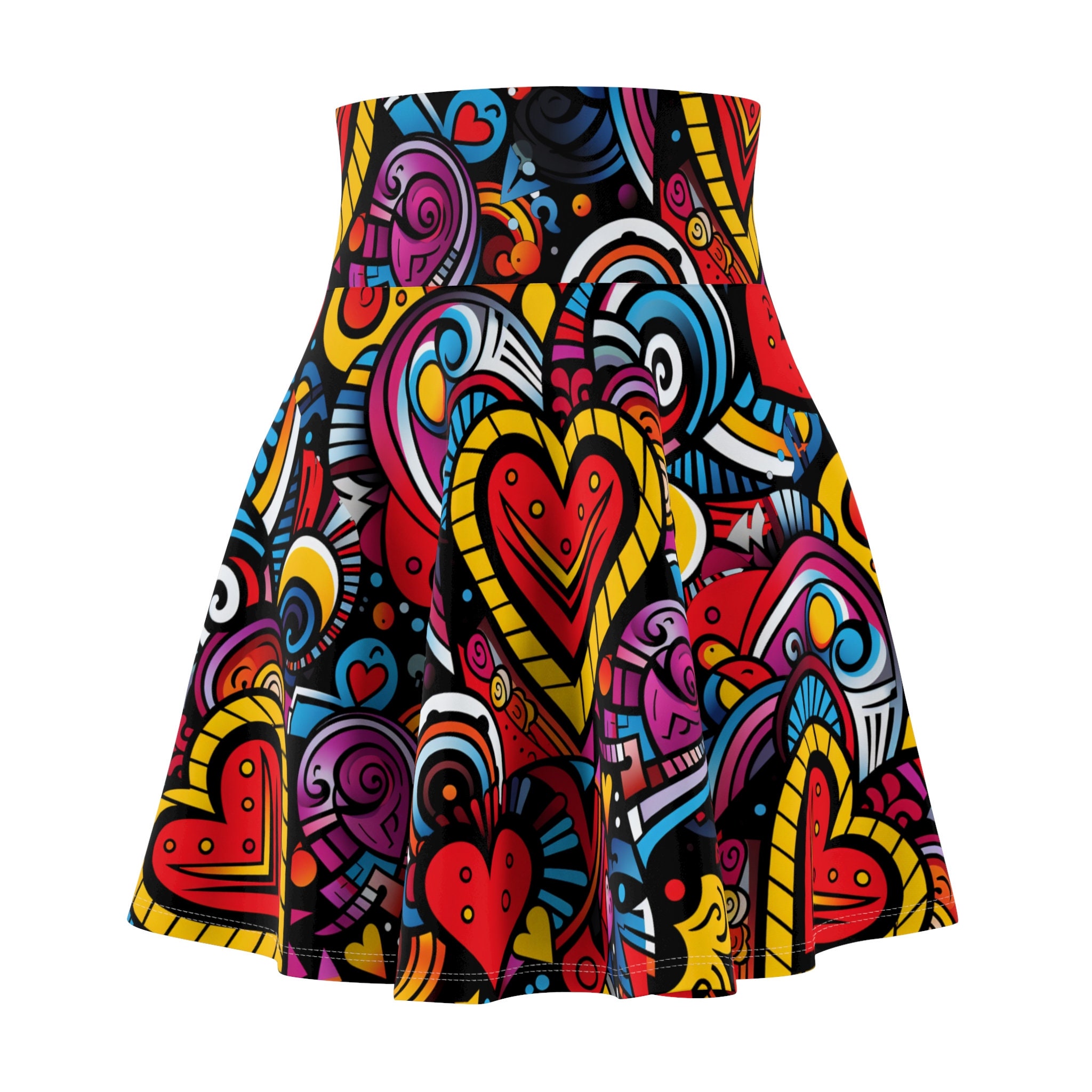 Hearts Symphony Women's Skater Skirt, Colorful Hearts Skirt by Amor4Life, Model 2