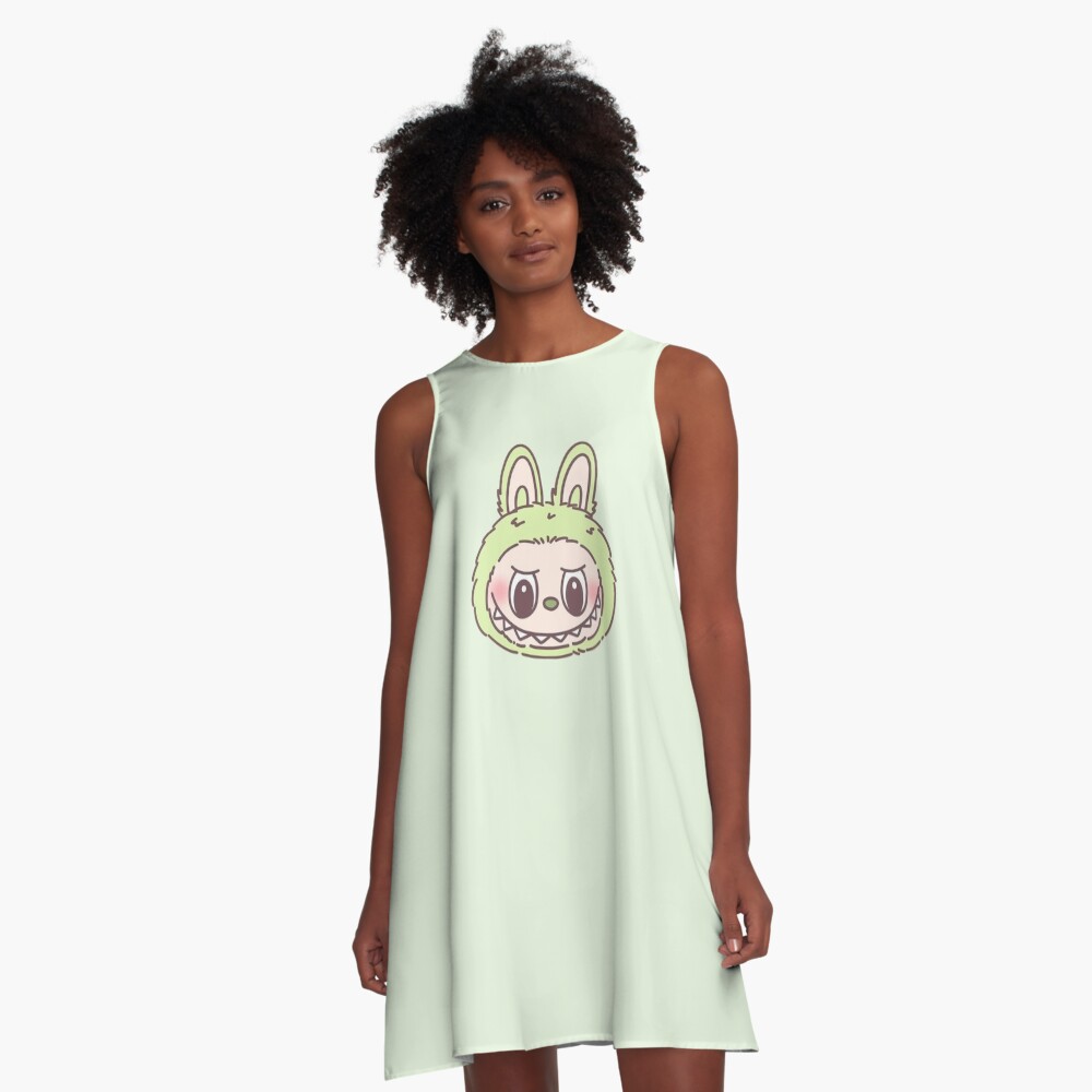 Green Cute Labubu Head A-Line Dress, Gift for Her