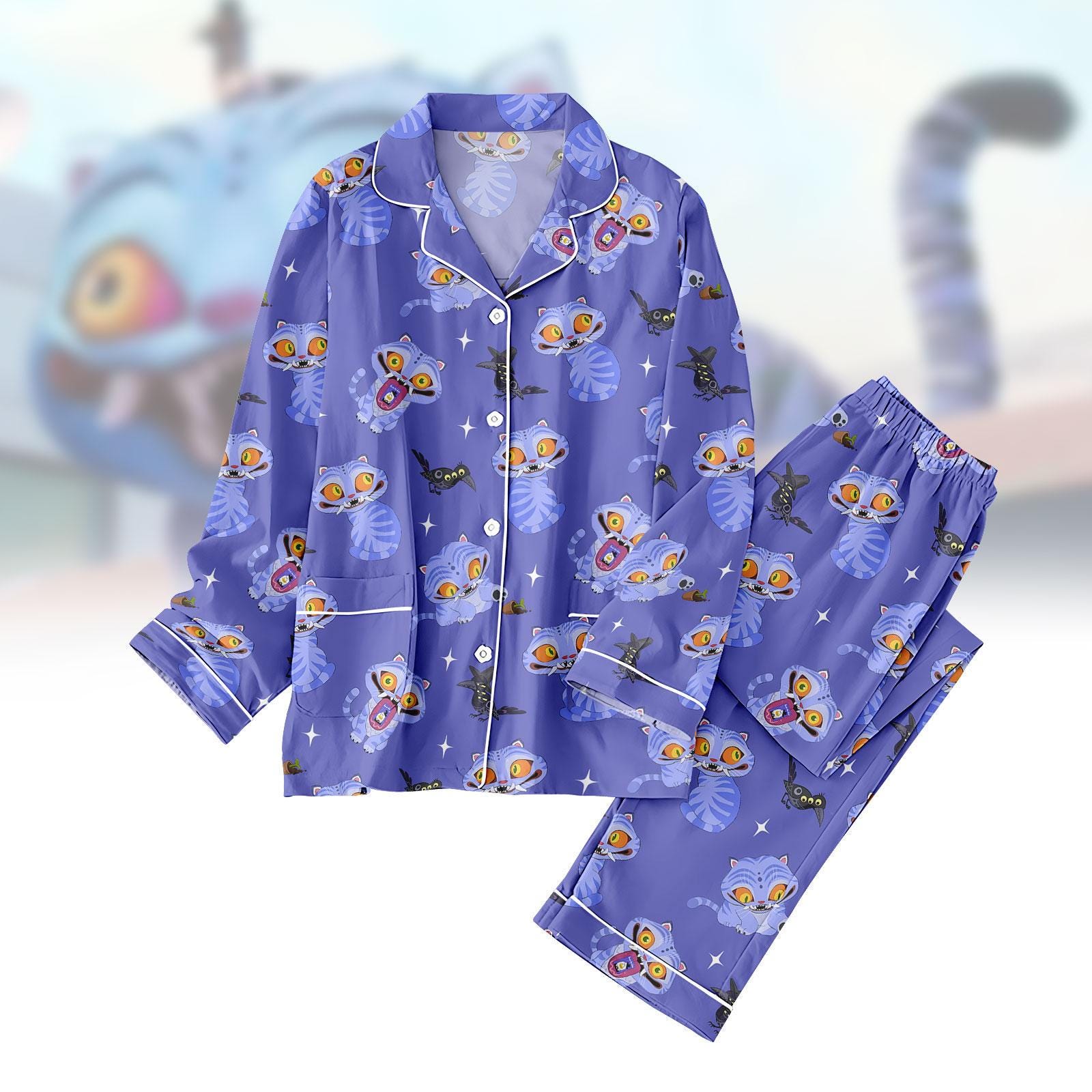 Derpy Tiger Pajamas Set, Blue Tiger And Bird Demon Hunter Pajamas Pants, Demon Hunter Kpop Movie Sleepwear, Huntrix Kpop Movie Loungewe