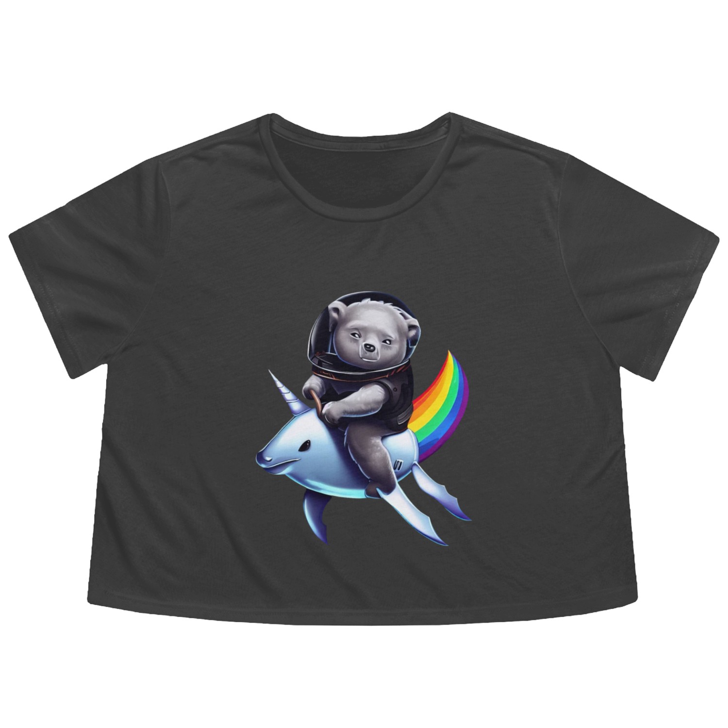 Koala Unicorn Astronaut on Rainbow, Imaginative Flowy Cropped Tees