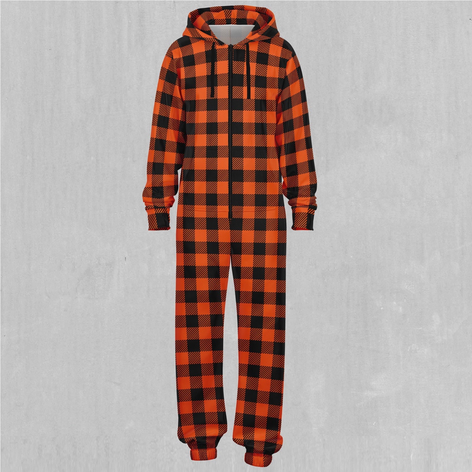 Orange Checkered Plaid Adult Zip Up Jumpsuit Pajamas