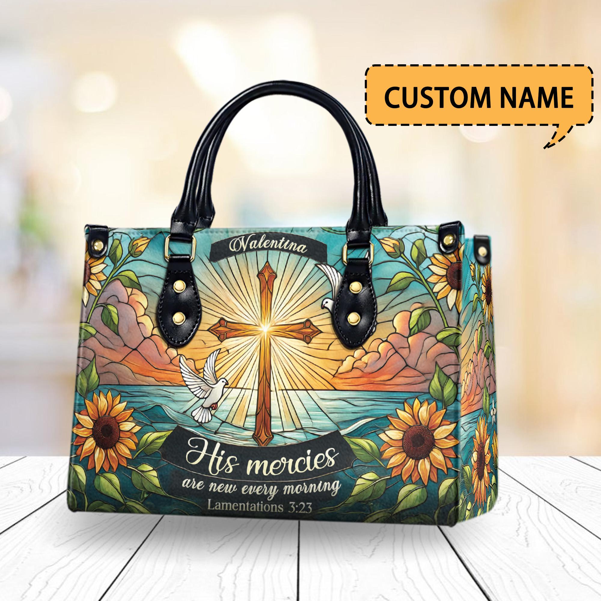 Personalized Christian Leather Handbag His Mercies Are New Every Morning, Cross & Dove PU Leather Purse, Faith-Based Gift for Women
