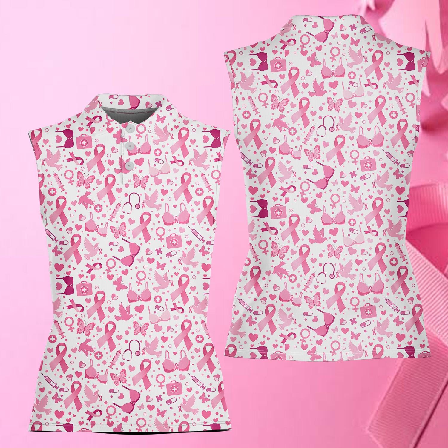 Women Sleeveless Pink Ribbon Polo Shirt, Breast Cancer Awareness Polo, Cancer Support Clothing, Breast Cancer Outfit