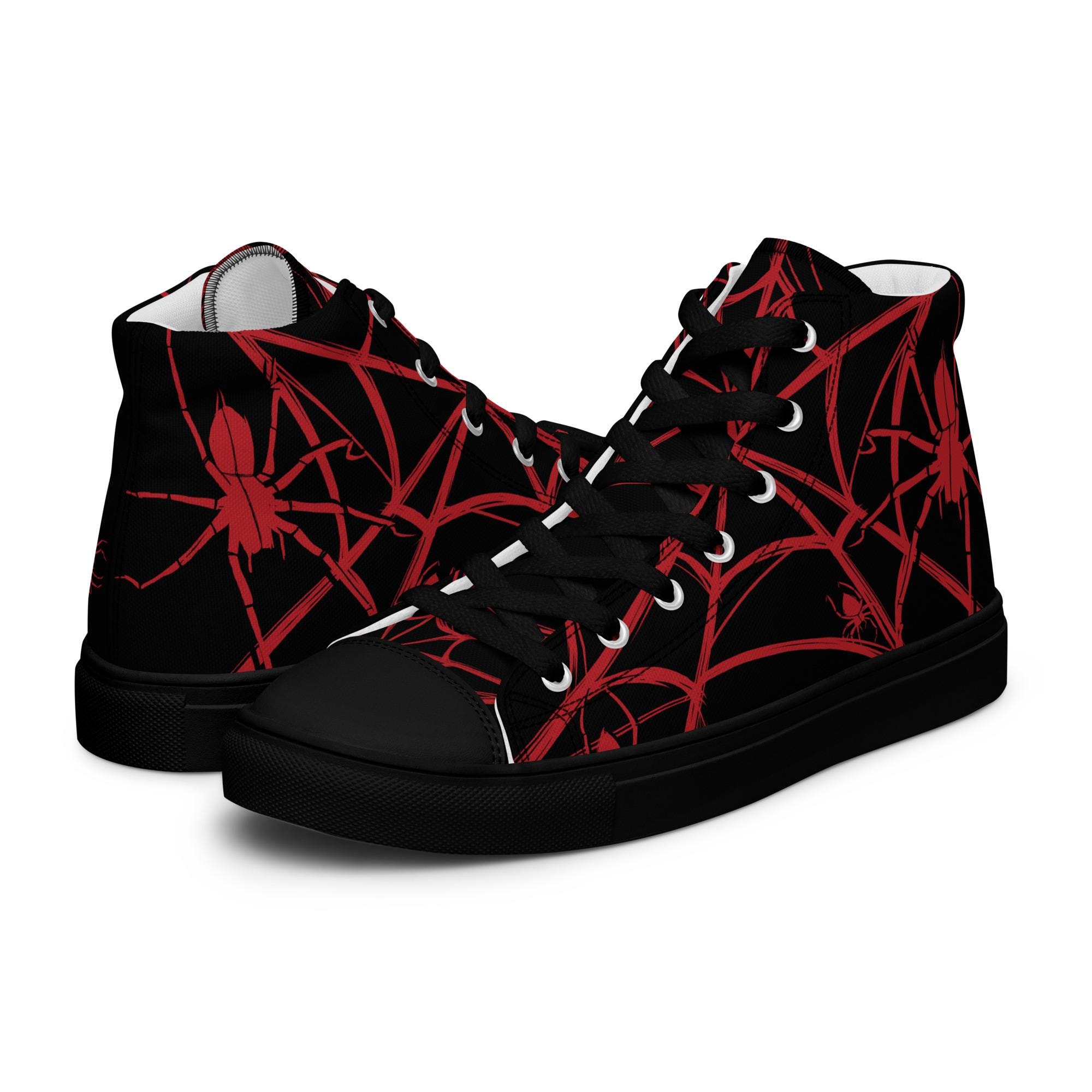 Red Web Shoes - High Top Sneakers, Trainers, Skater, Black, Halloween, Spooky, Goth