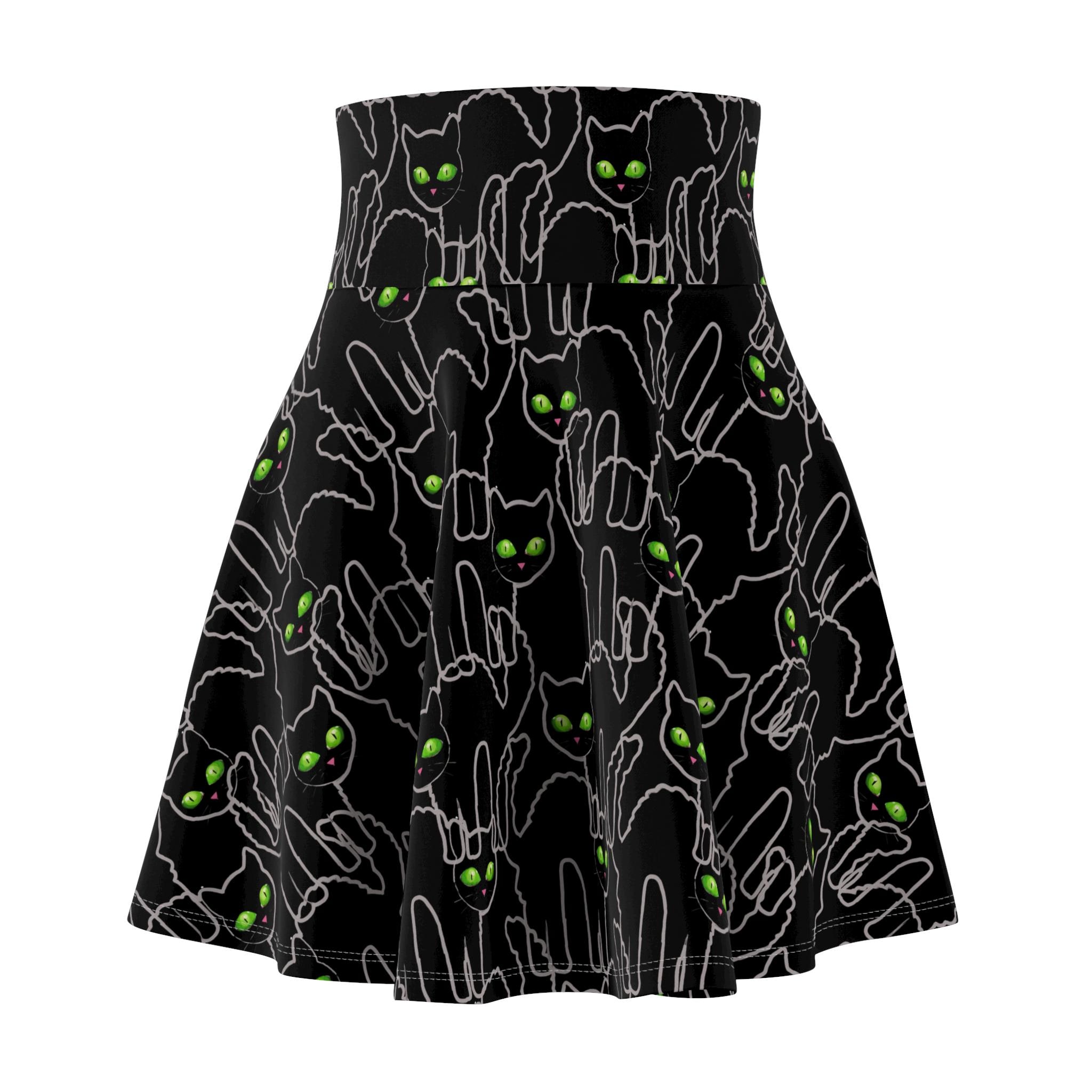 Black Cat Skirt - Halloween Spooky Green-Eyed Cat Print Skater Skirt - Gothic High-Waisted Skirt - PCH Artwear