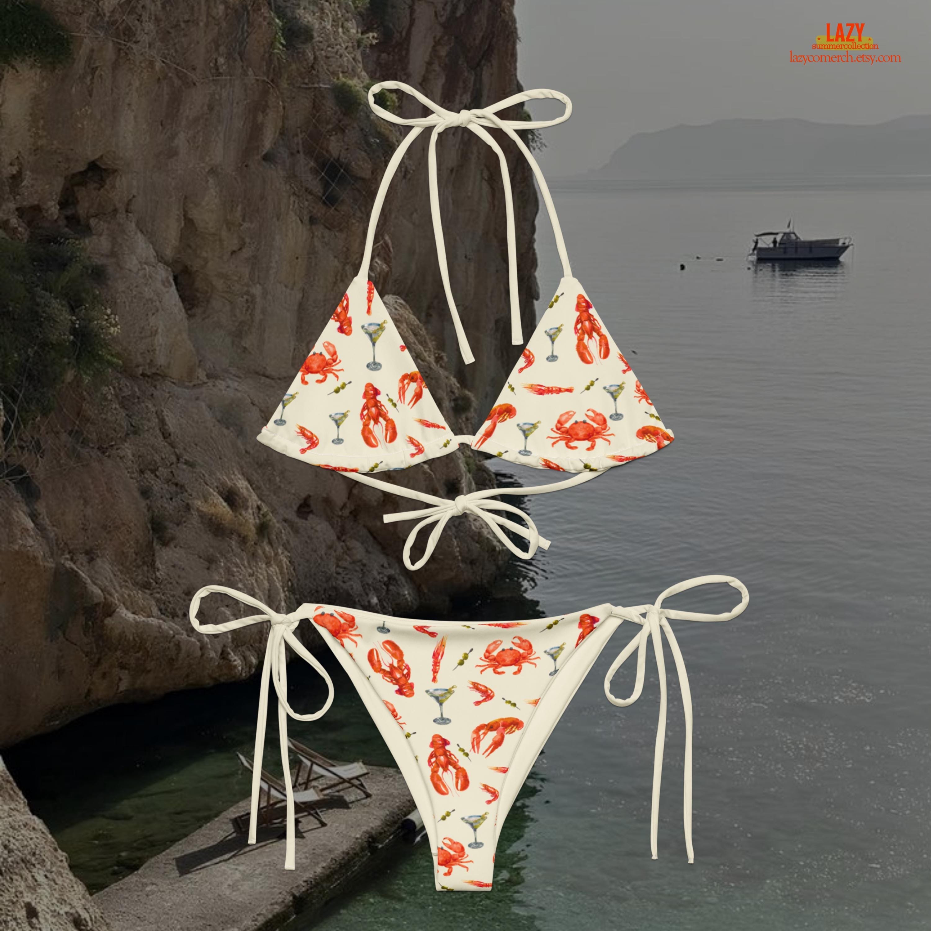 Seafood and Martini Themed String Tie Bikini Set, Lobster Crab and Shrimp Design Swimsuit