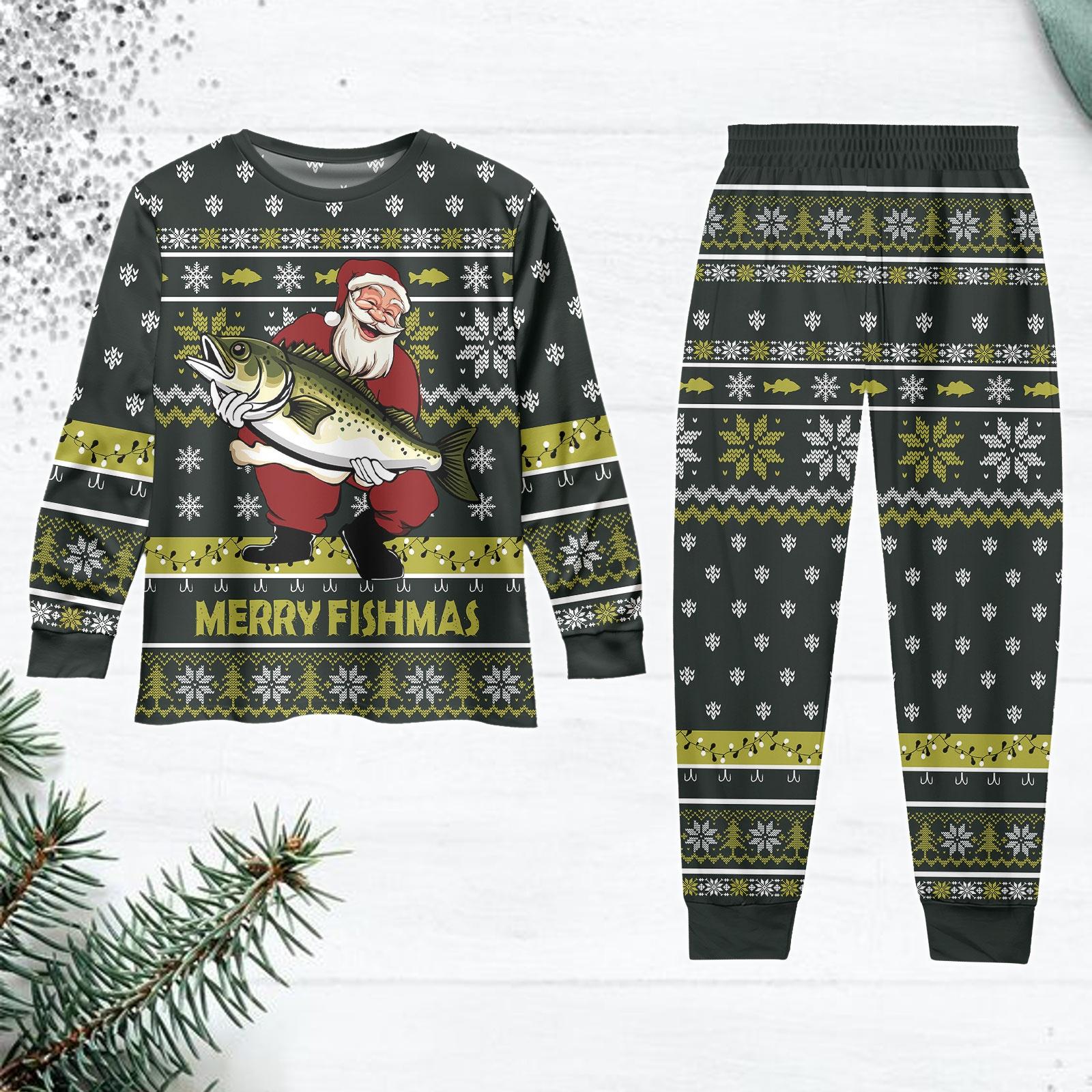 Fishing Christmas Pajama Set, Merry Fishmas Family Pajamas, Funny Xmas Sleepwear, Holiday Pajama Gift