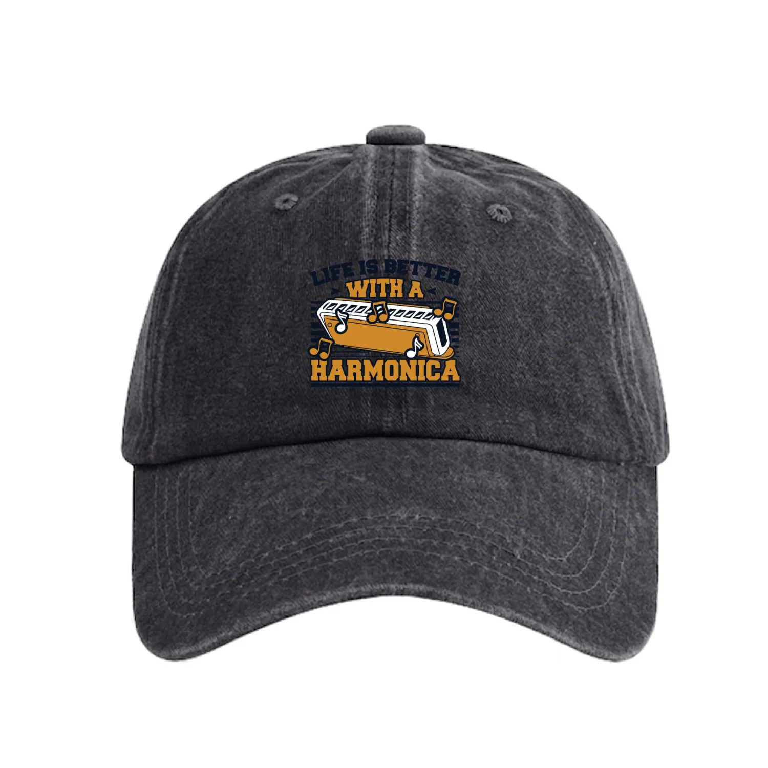Life is Better with a Harmonica Harmonicist Washed Denim Baseball Caps