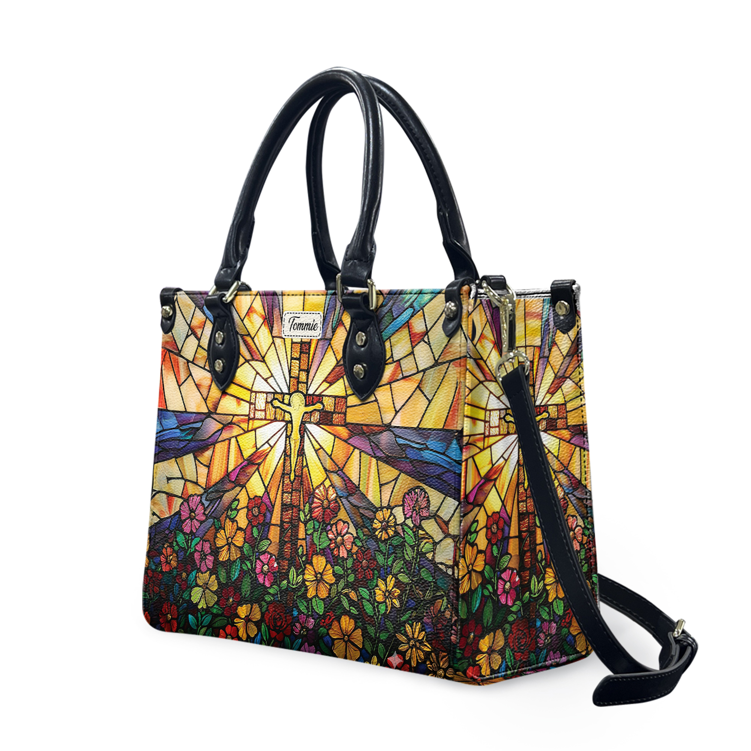 Leather Handbag Stained Glass Cross Motivational For African American Women, Bible Verse Faith-Inspired Shoulder Bag, Christmas Gift