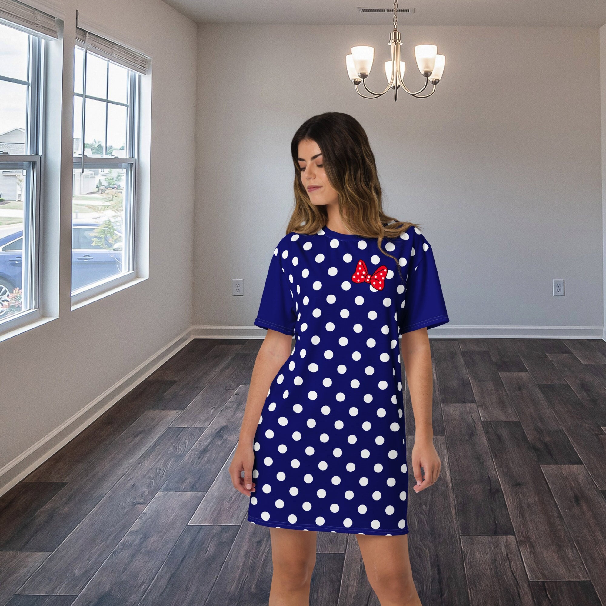Dark Blue and White Polkadot T-Shirt Dress