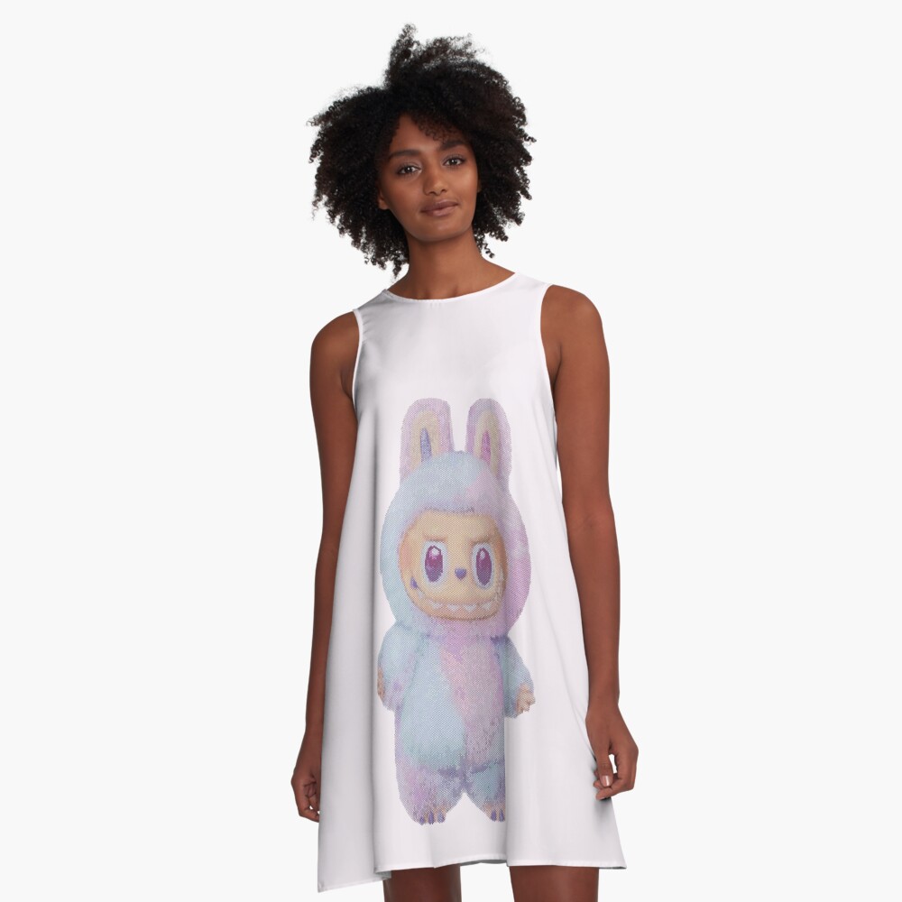 Labubu beaded fan art, gradient pastel A-Line Dress, Gift for Her