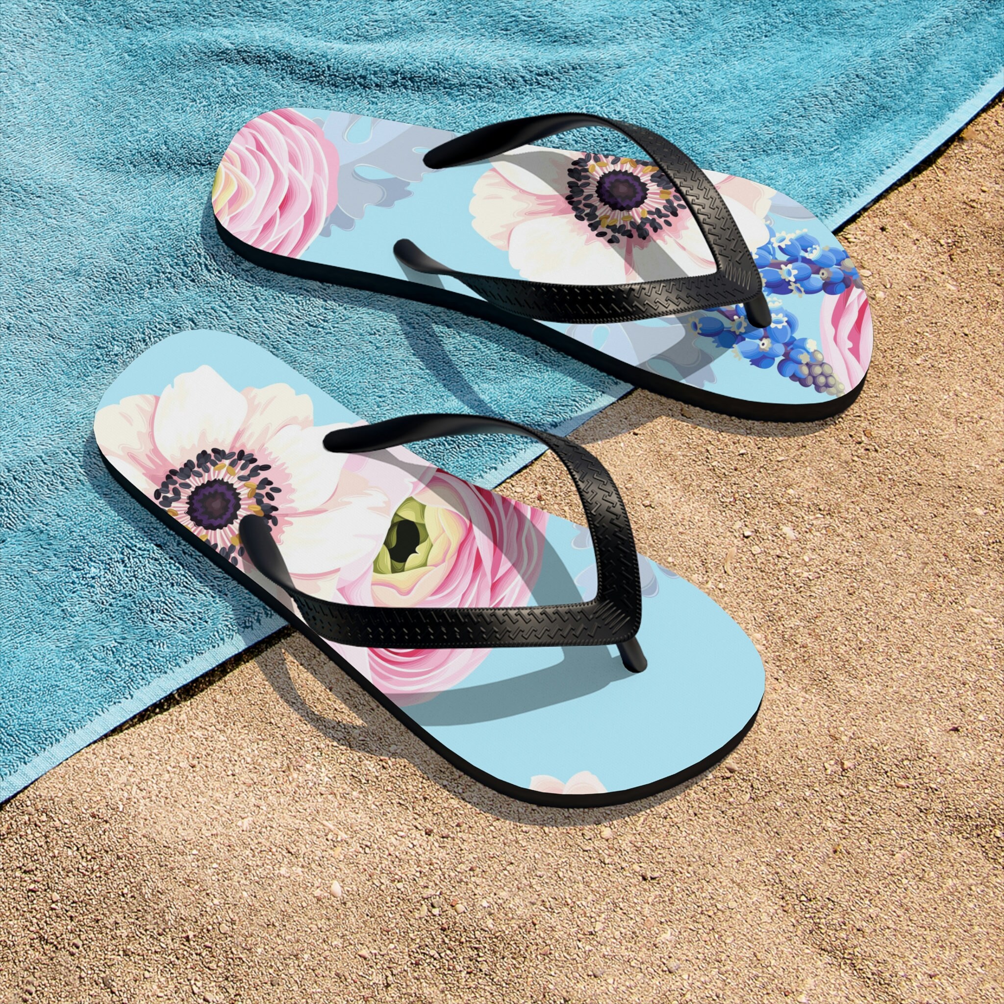 Floral LEONA Women Flip-Flops, Summer Flip-Flops, Blue Flip-Flops, Flower Flip-Flops, Matching Flip-Flops, Gift Flip-Flops