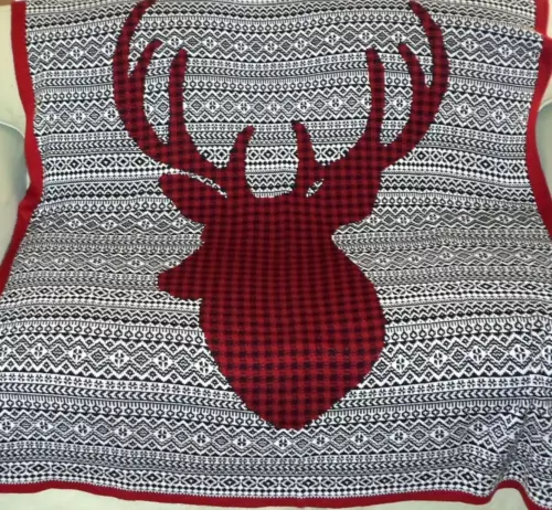 STOREHOUSE DEER BUCK REINDEER THROW BLANKET 60X50 WOVEN Red Black CHRISTMAS