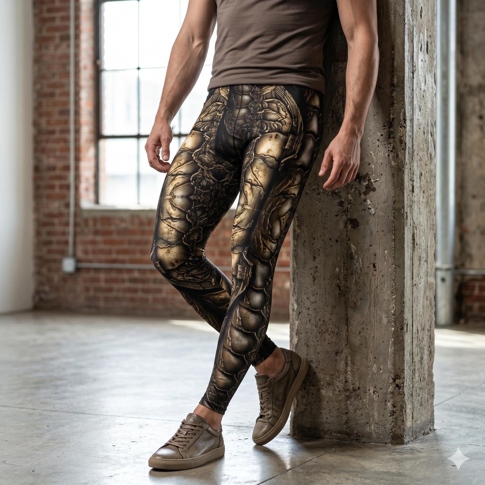 Black Gladiator Mens Leggings, Bionic Exoskeleton Armor, Workout Pants, Dystopian Cycling Athletic, Fitness, Running, Cosplay Wrestling Gift