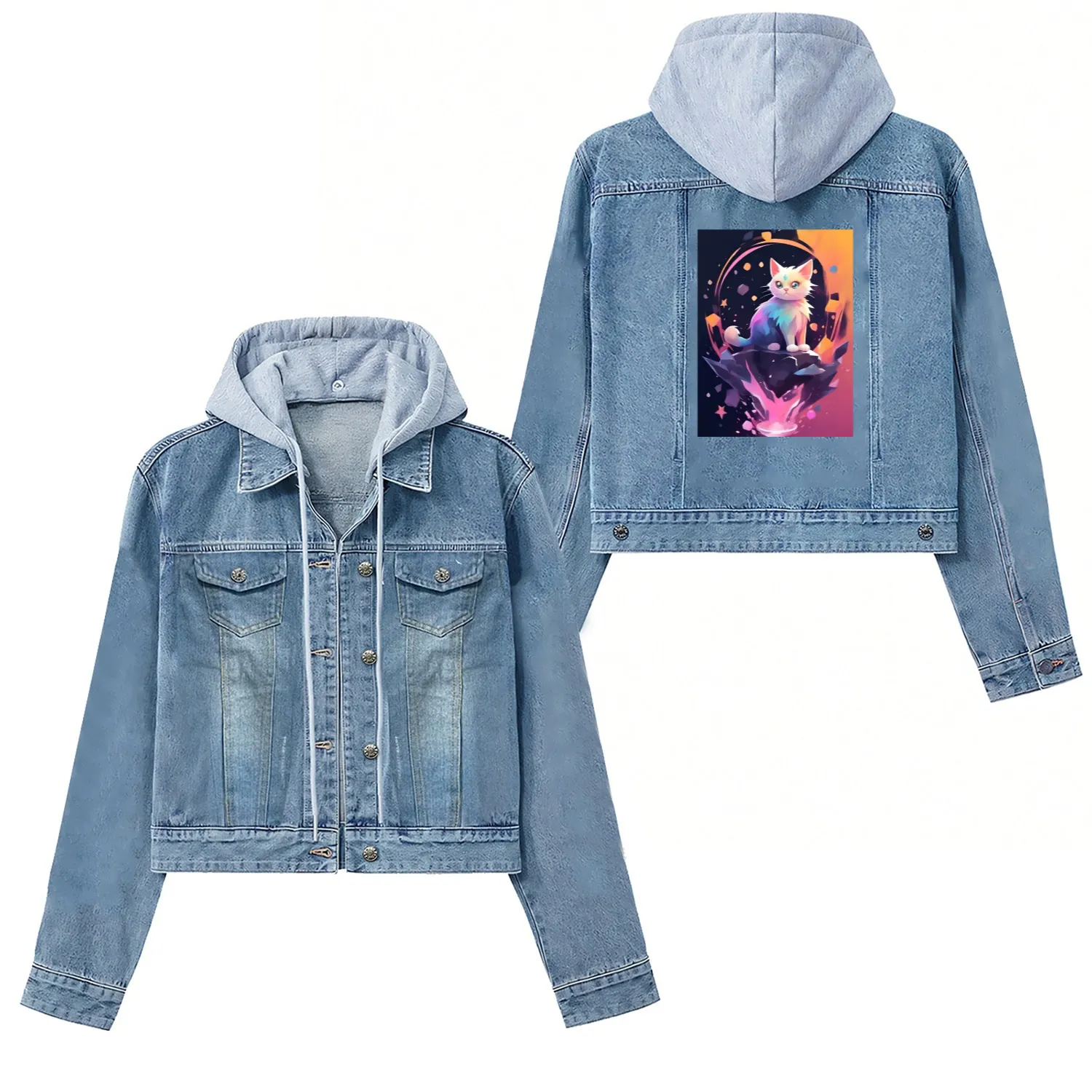 Cute Crystal Fantasy Cat Design Women's Denim Jackets