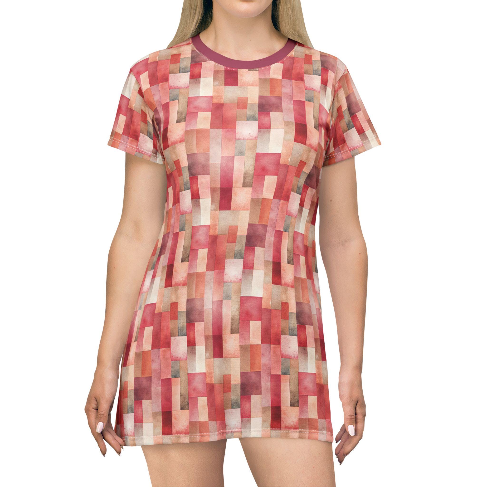 Burgundy Bohemian Abstract T-Shirt Dress for Women
