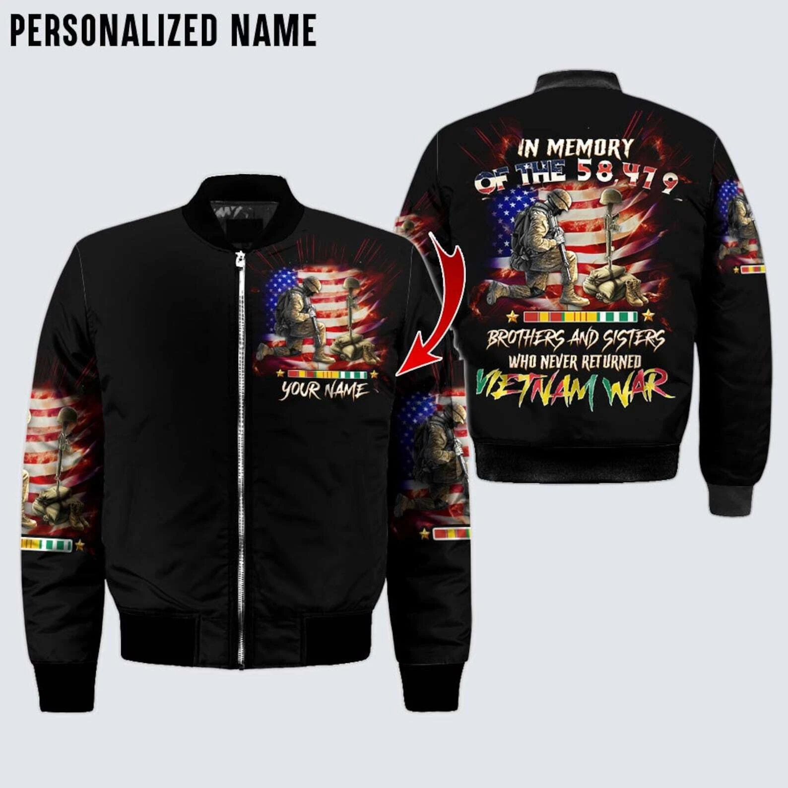 Personalized In Memory Vietnam Veteran War U.S Veteran Proud Bomber Jacket