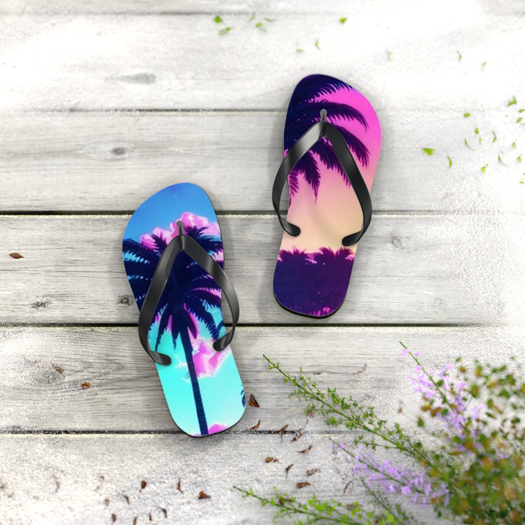 Tropical Palm Tree Style Flip Flops | Beach Sandals | Vacation Footwear | Summer Shoes | Palm Leaf Print