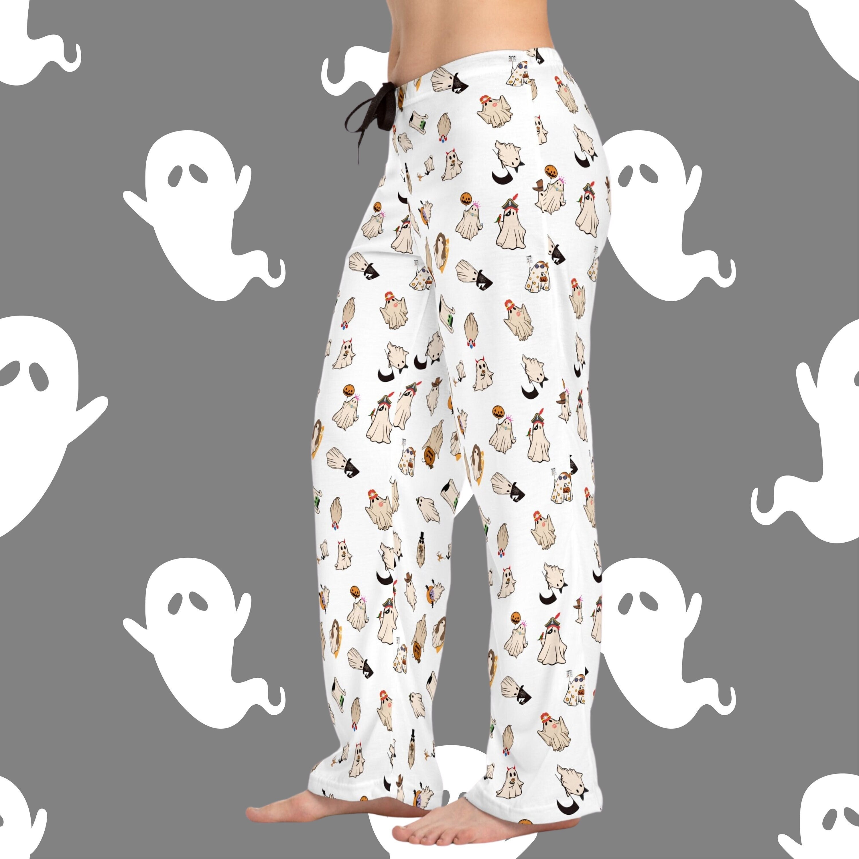 Halloween Ghosts In Costumes Pattern Womens Pajamas, Cowboy Ghost Pjs, Lounge Pants For Women Halloween Sleepover, High Waist Comfy Pj Pants