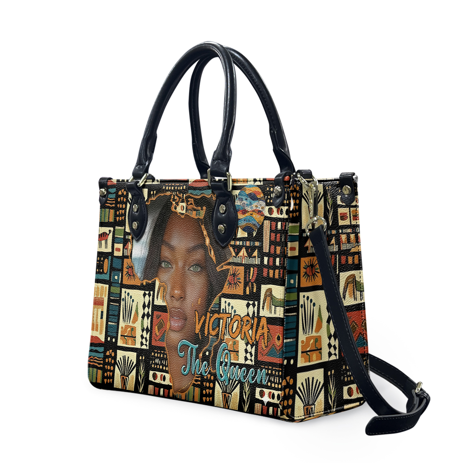 Personalized Black Queen Woman Leather Handbag, Girl Lovers Leather Handbag Gift