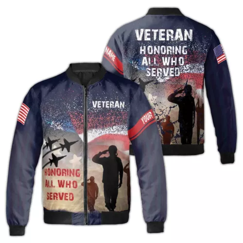 Custom Name USA Veteran Honoring All Who Serve Bomber Jacket