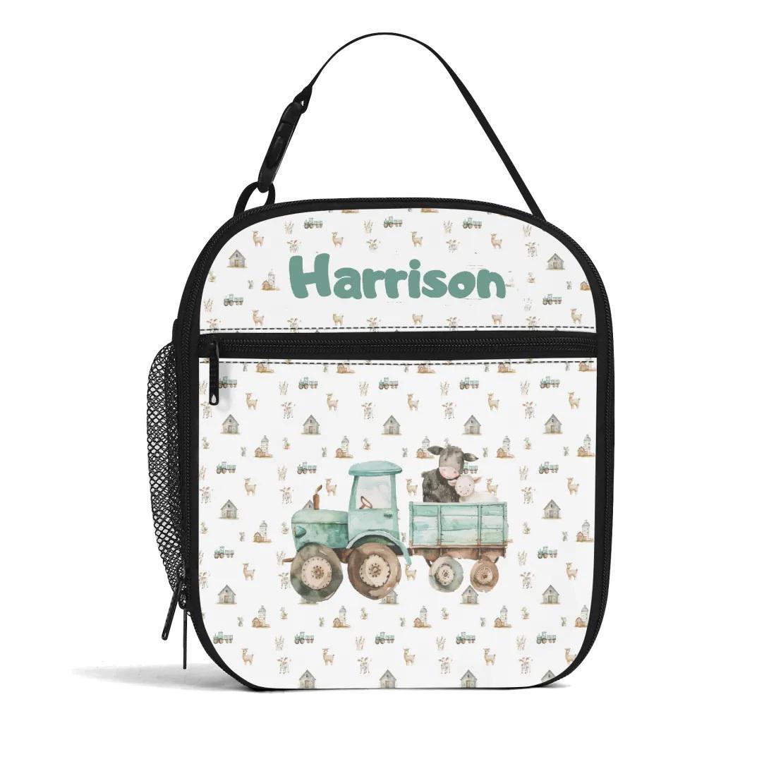 Custom Name Lunch Bag for Kids with Farm Tractor, Personalized Food Cooler Lunch Bag, Birthday Gift