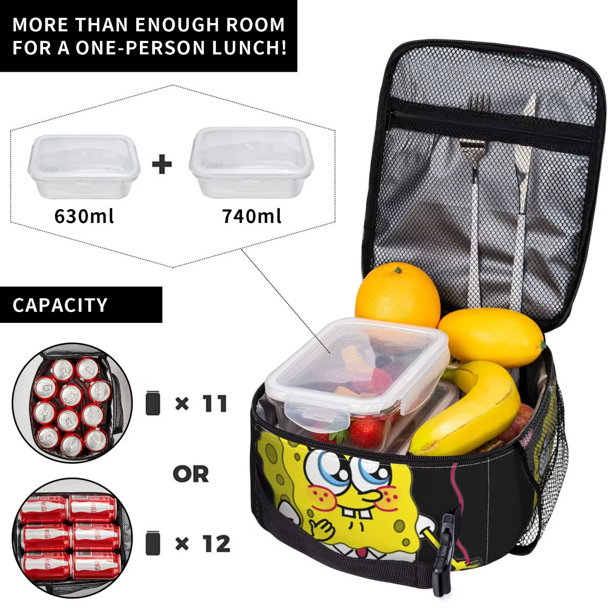 Spongebobed Cartoon Lunch Bag Outdoor Picnic Lunch Box For Men Fashion Graphic Tote Food Bags Oxford Portable Cooler Bag