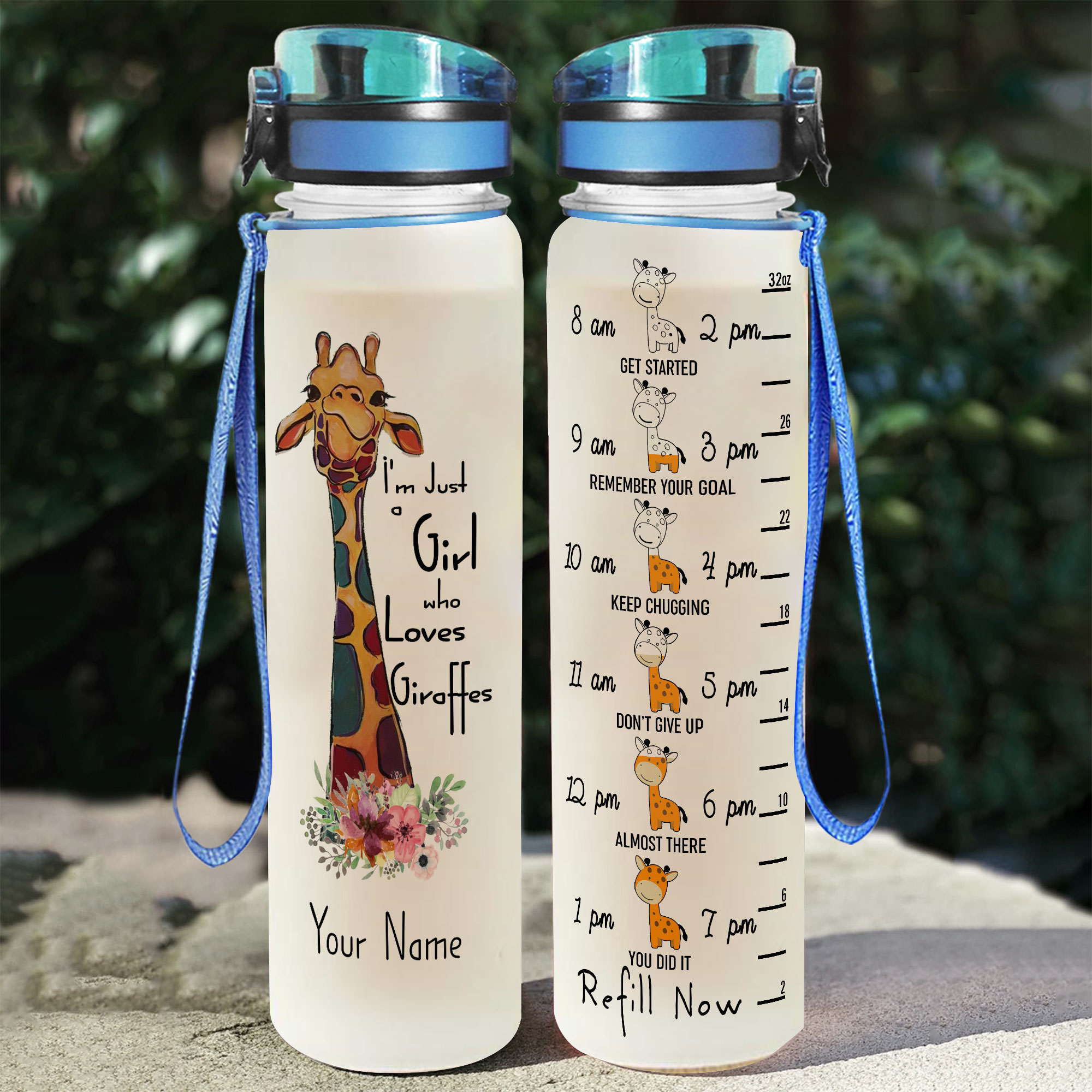 Custom Giraffe Water Tracker Bottle, Giraffes 32oz Water Bottle, Cute Animal Water Bottle, Funny Water Bottle, Bottle For Gymer
