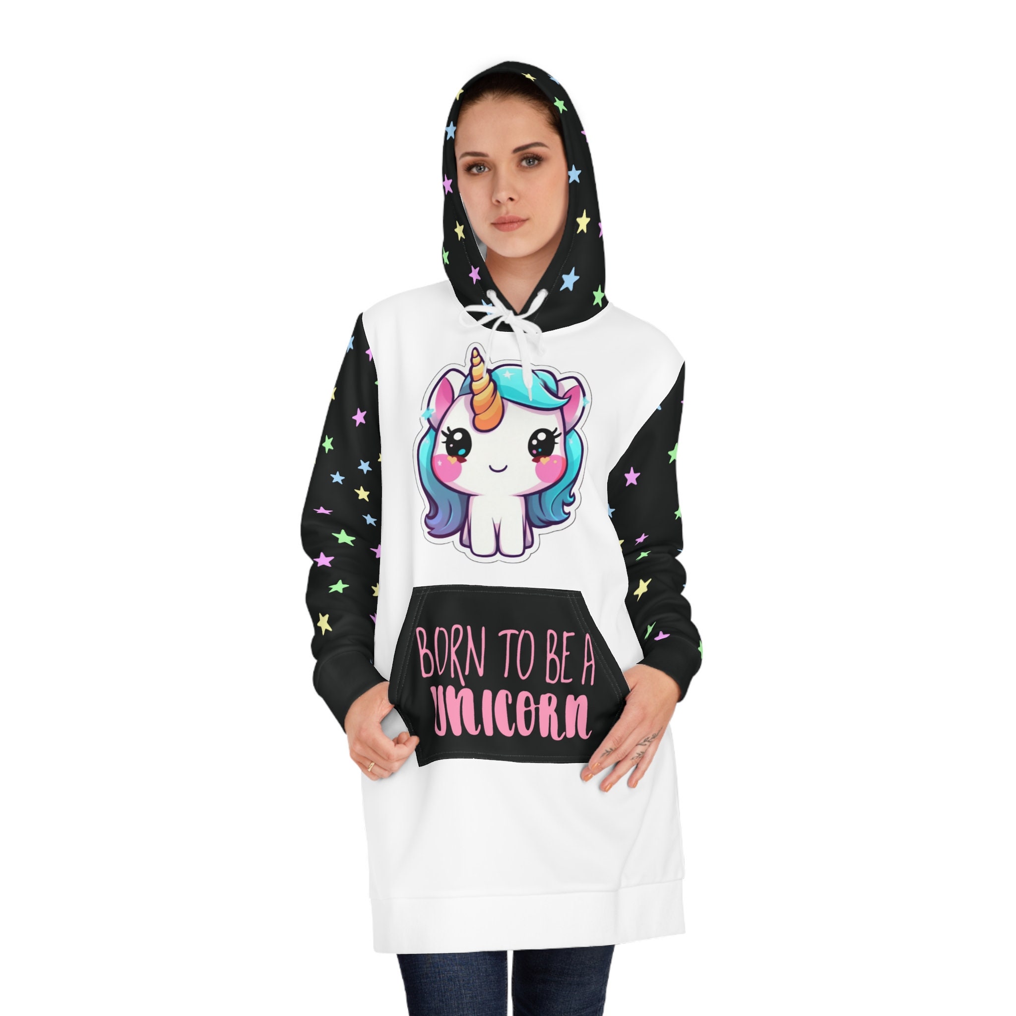 Born to Be a Unicorn Women's Hoodie Dress/Pullover Dress/long dress hoodie/Christmas gift for her/Sweatshirt Dress/Above The Knee Sweater