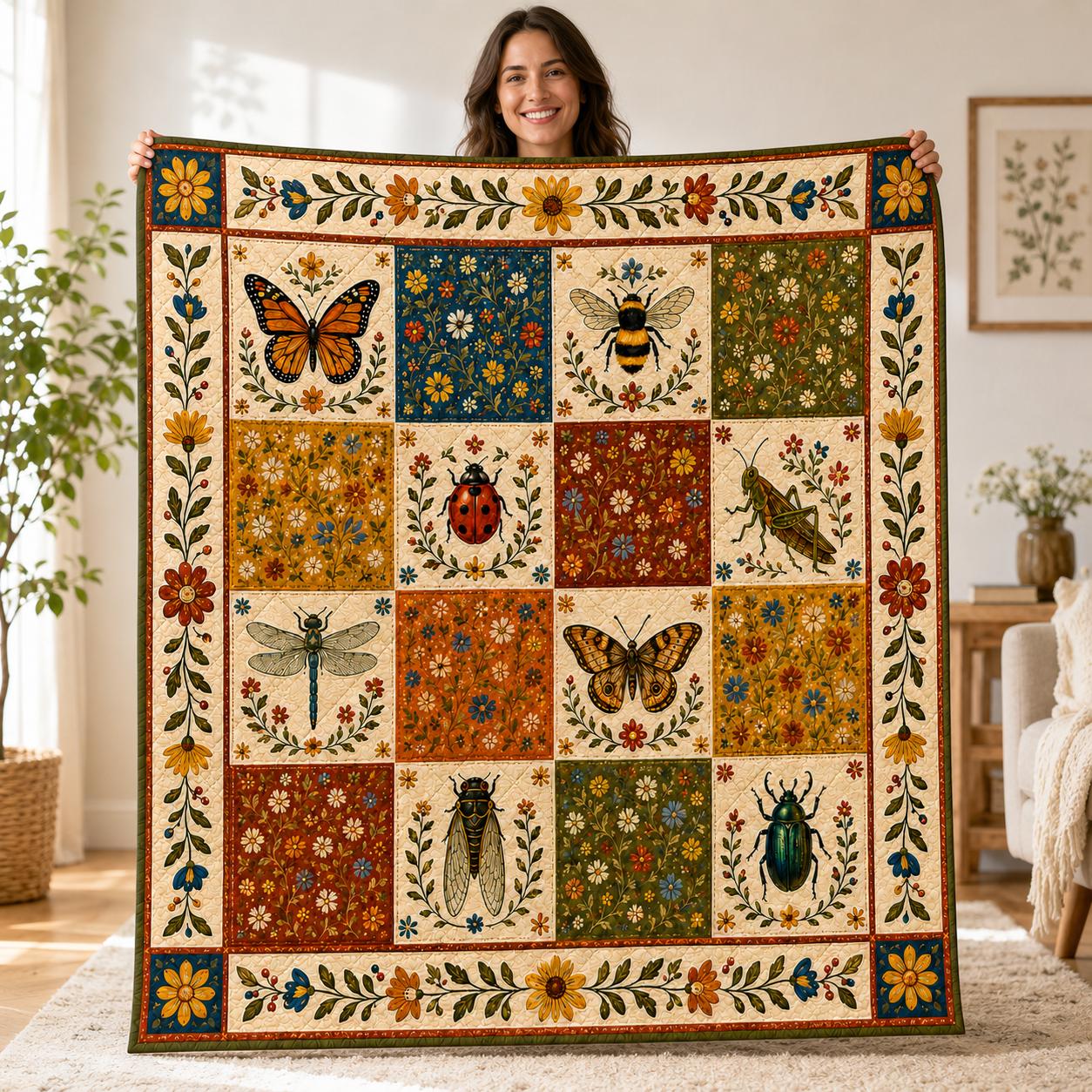 Butterfly Bee Ladybug Patchwork Quilt, Cottagecore Wildflower Throw, Folk Art Insect Blanket, Nature Lover Floral Decor, Garden Gift