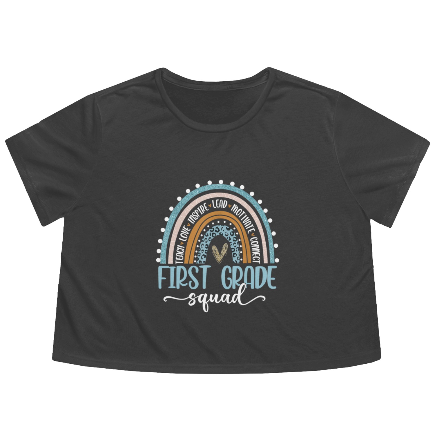 First Grade Squad Rainbow Leopard Teacher Back Flowy Cropped Tees