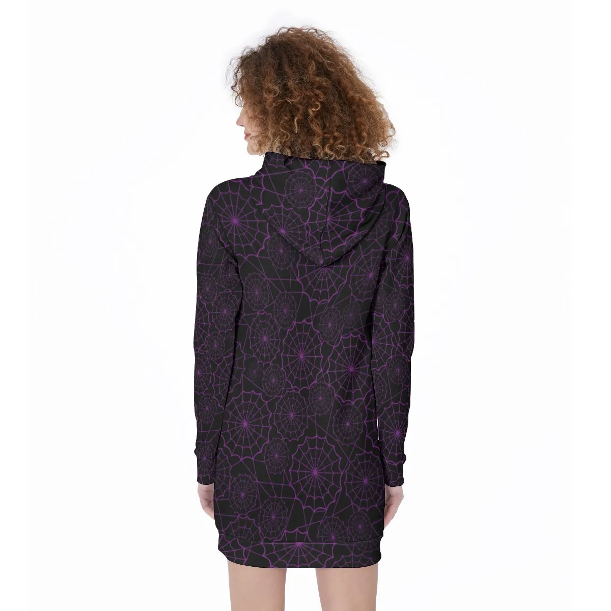 Gothic Purple Spiderwebs Halloween Hoodie Dress Long Sleeve, Halloween Cosplay Costume, Gift For Women