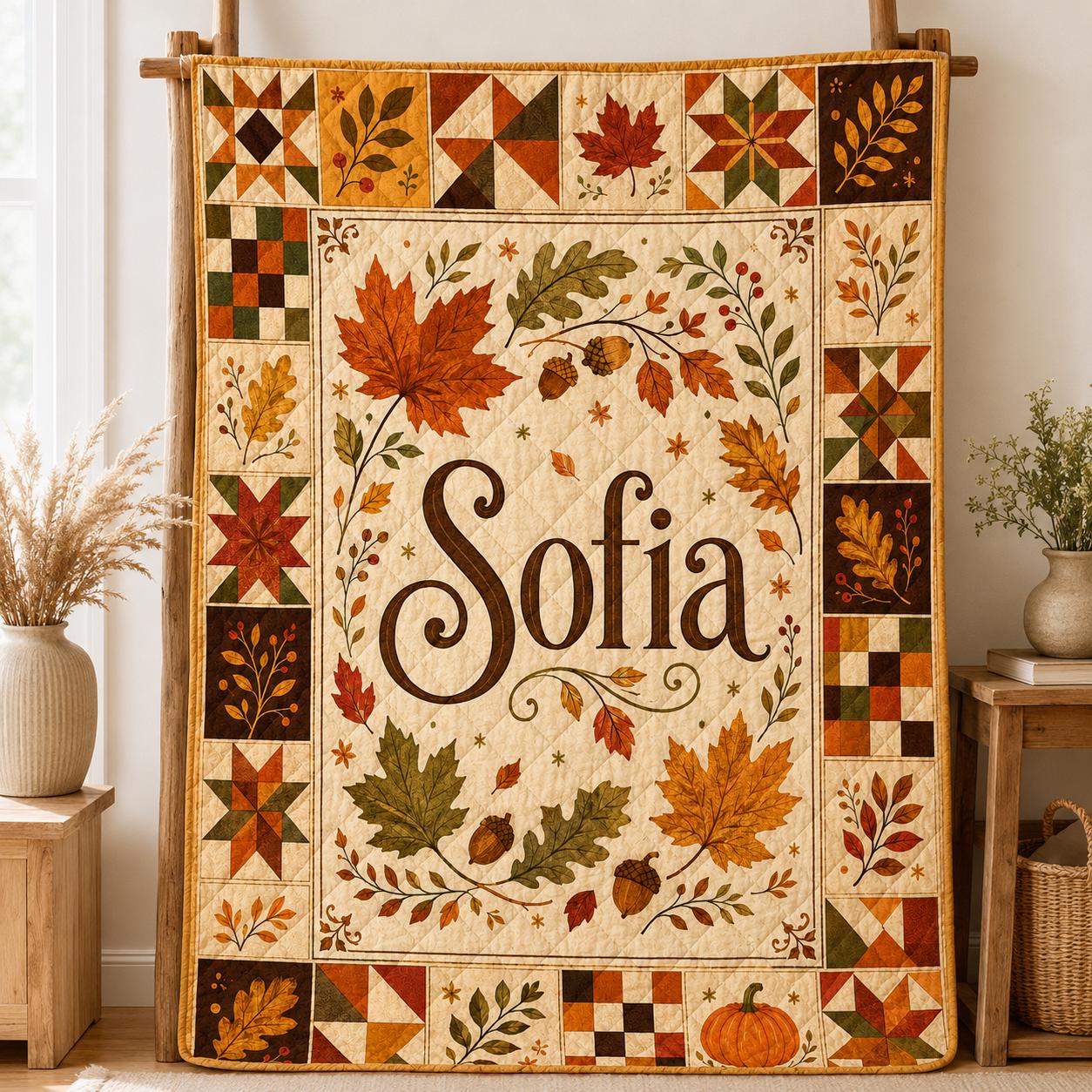 Personalized Fall Quilt Blanket, Custom Name Autumn Leaves Throw, Rustic Pumpkin Patchwork Farmhouse Quilt