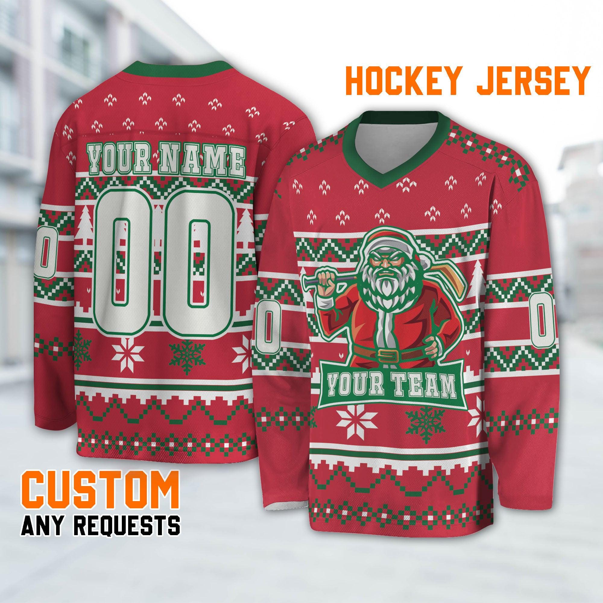 Custom Christmas Famous Team Ugly Pattern Red and Green Hockey Jersey , Santa Claus Hockey Ice, Xmas Sports Shirt