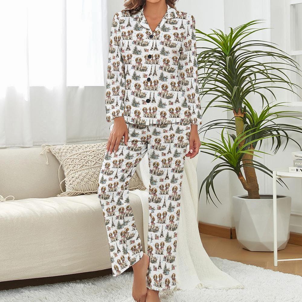 Paris Cavalier King Charles Spaniel Christmas Pajamas Holiday Puppy Print PJs with Eiffel Tower & Gifts, Cozy Dog Lover Loungewear