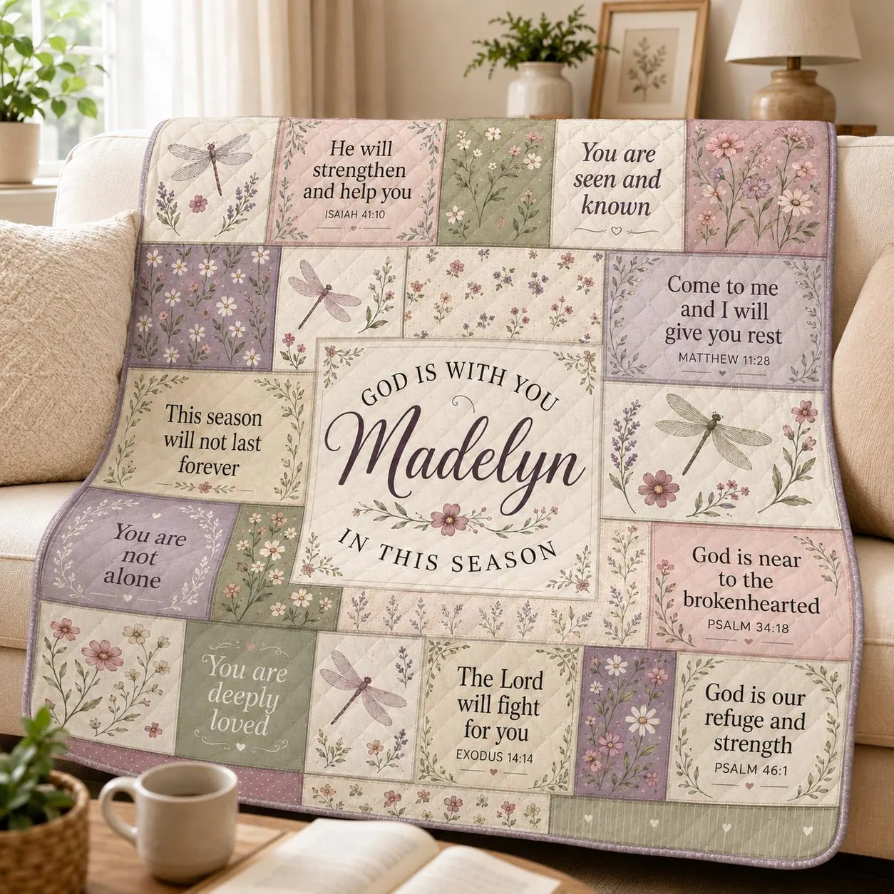 Personalized Christian Quilt, Custom Name Bible Verse Floral Quilt Blanket