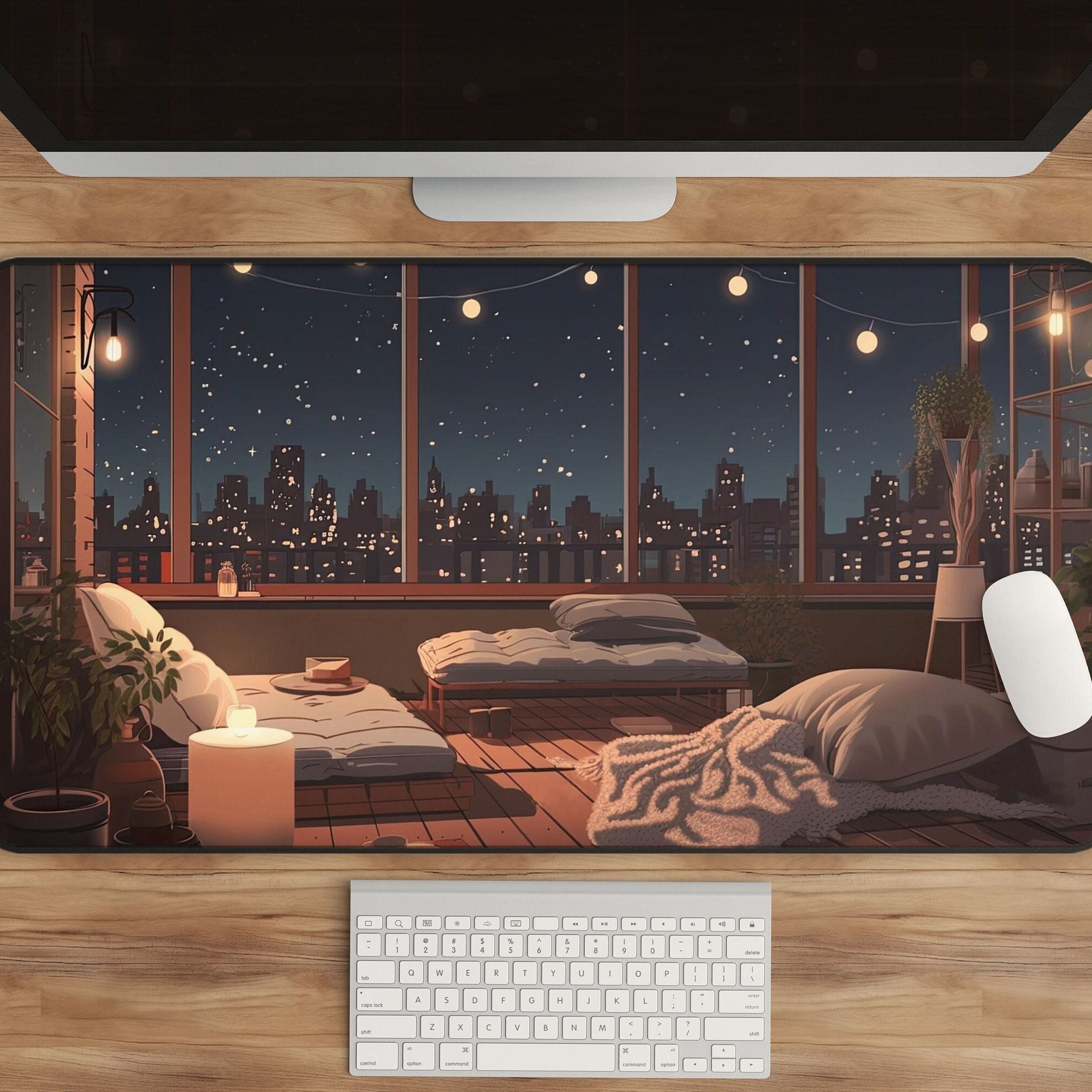 Lofi City Night Anime Desk Mat, XL Cozy Mousepad